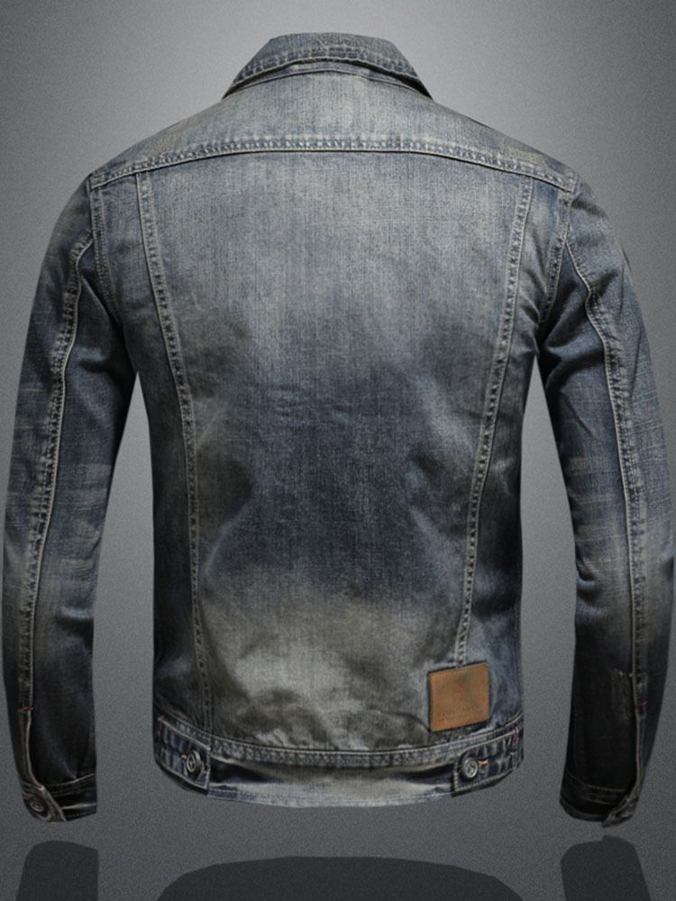 Men Denim Jacket Vintage Wash Cotton Long Sleeve Blue XL Size: XL; Height (cm): 175-180; Weight (kg): 75-85; Bust (cm): 108; Shoulder width (cm): 46; Length โ image 4