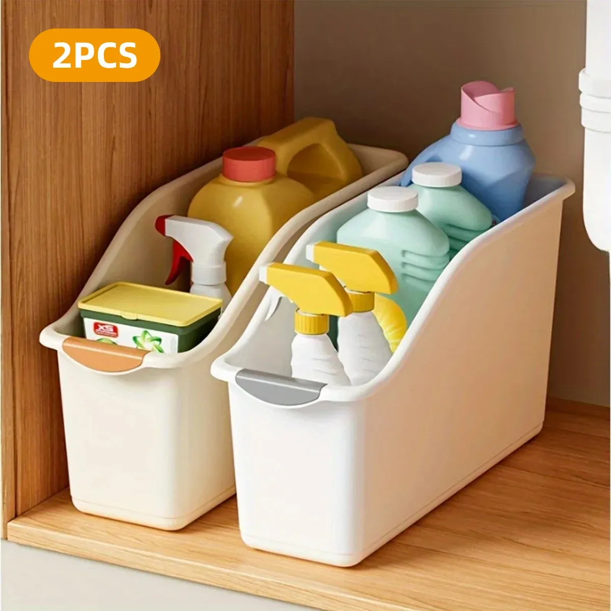 2pcs Cabinet Storage Box Miscellaneous Organizer Household Container Plastic Bin - L-Beige — image 5