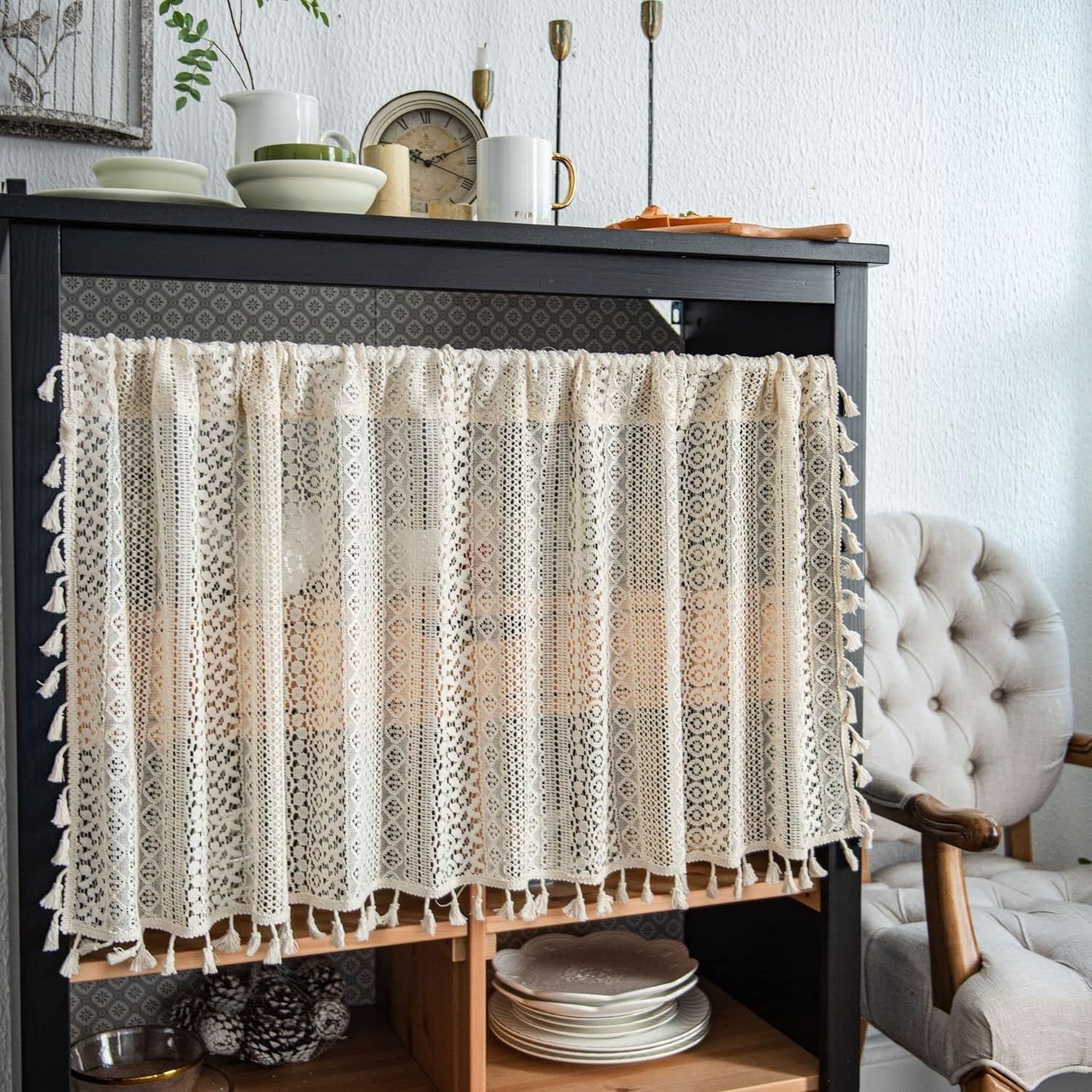 Boho Curtain Crochet Lace with Bohemian Hollow Knitted Handmade Tassels, Short Farmhouse Window Treatment for Kitchen Cafe, Rod Pocket, 1 Panel 59" W x 24" L — image 2