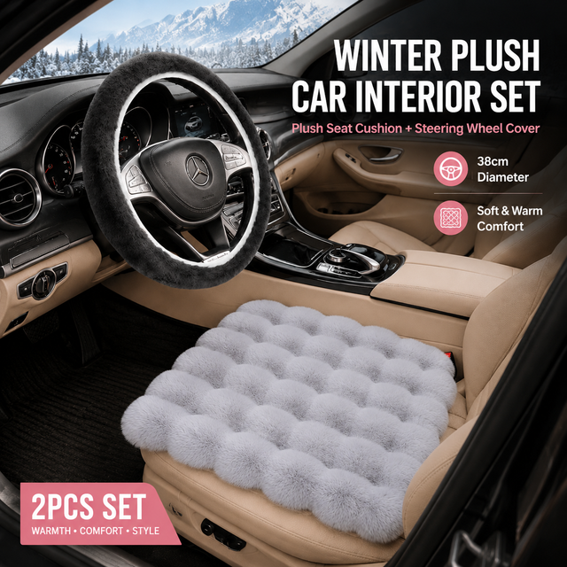 2-Piece Winter Warm Non-Slip Car Interior Comfort Combo with Grey Soft Bubble Fleece 3D Fluffy Car Seat Cushion and Black Plush Steering Wheel Cover, Universal
