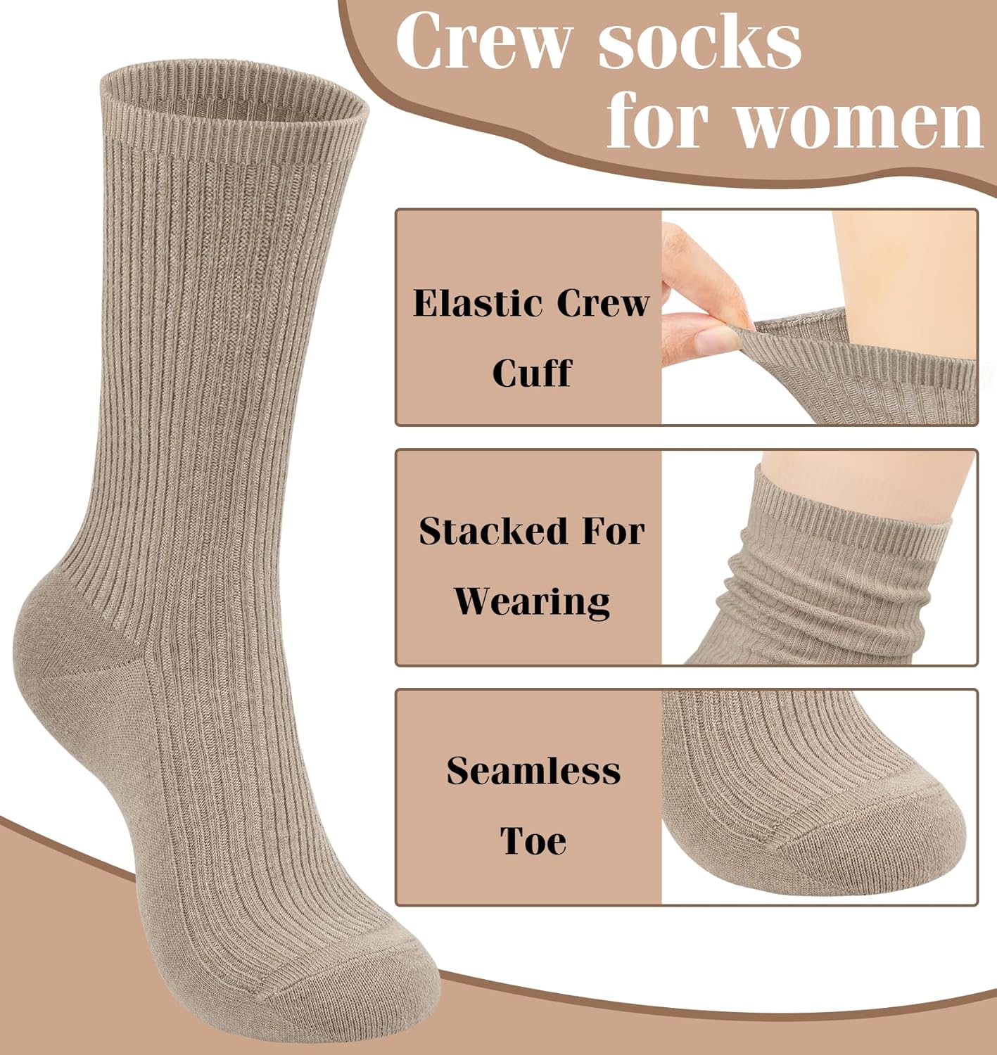 Women's Cotton Crew Socks 6 Pairs, Long Cute Aesthetic Neutral Athletic Boot Socks for Women Stocking Stuffers Gifts โ image 2