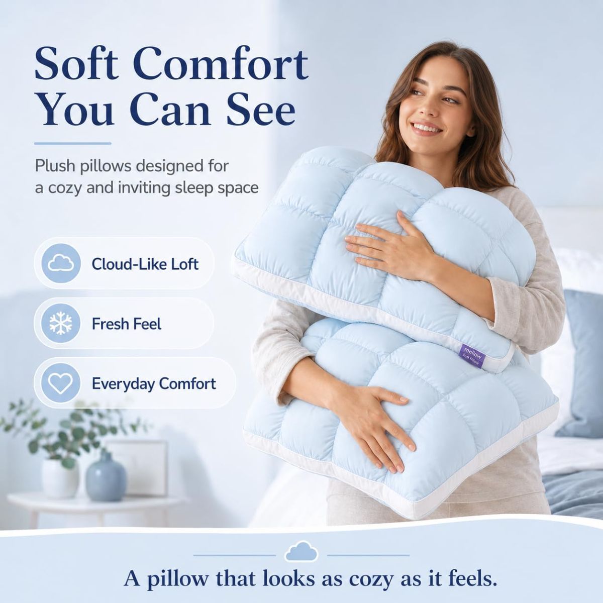 Mellow Puff Cooling Pillow for Sleeping, Fluffy Cloud Pillow with Ice-Silk Touch, Breathable Quilted Grid Design, Machine Washable — image 6