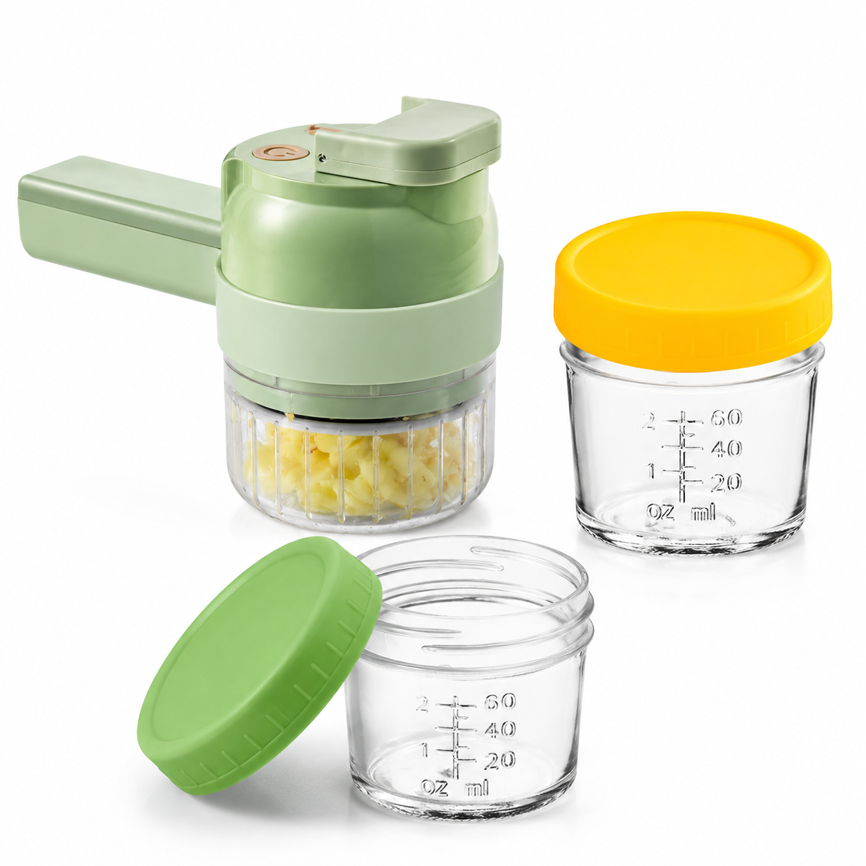 Seasoning Preparation and Storage Set-Green Electric Handheld Food Processor With Green lid and Yellow lid 4oz Glass Storage Jars - USB-C Charging