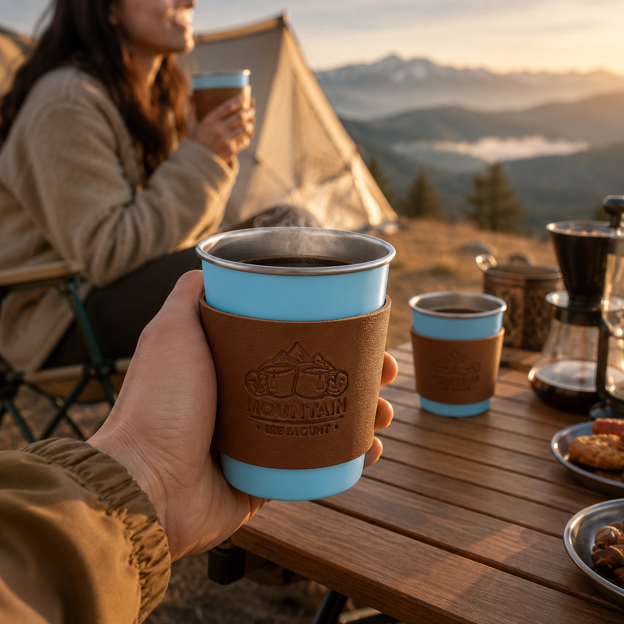 Blue 304 Stainless Steel Camping Coffee Cup with Leather Sleeve – 350ml Portable Outdoor Drinking Cup, Beer Cup, Travel Mug for Camping, Hiking, Picnic and — image 3