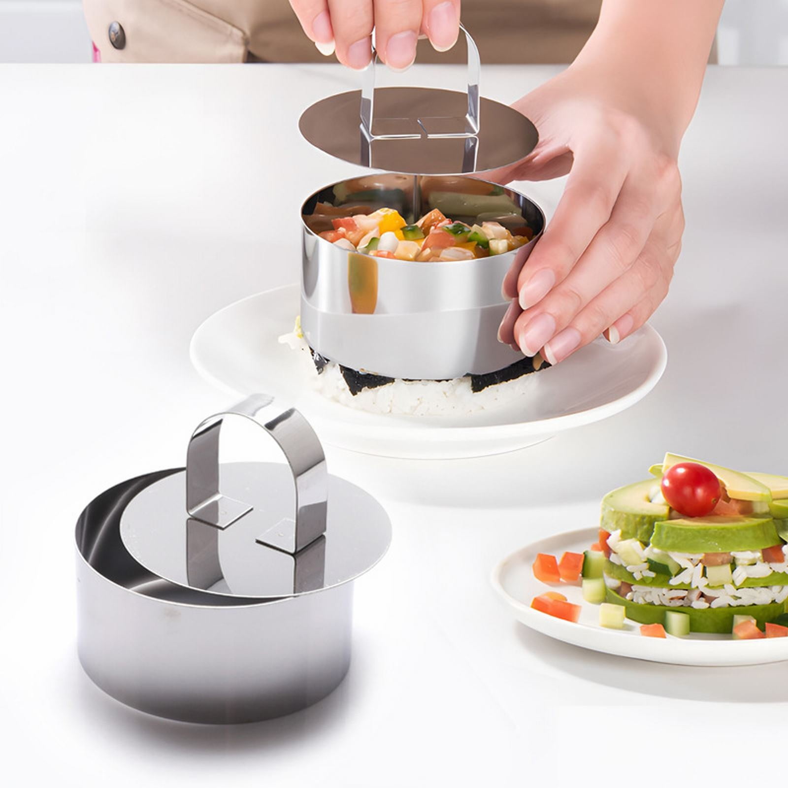 Cooking Utensils, 4 Pcs Round Ring for Cooking Stainless 3 Inch Food with 1 Pusher for Cake Dessert Tartare Dessert with Pusher and Lifter Cooking Rings — image 2
