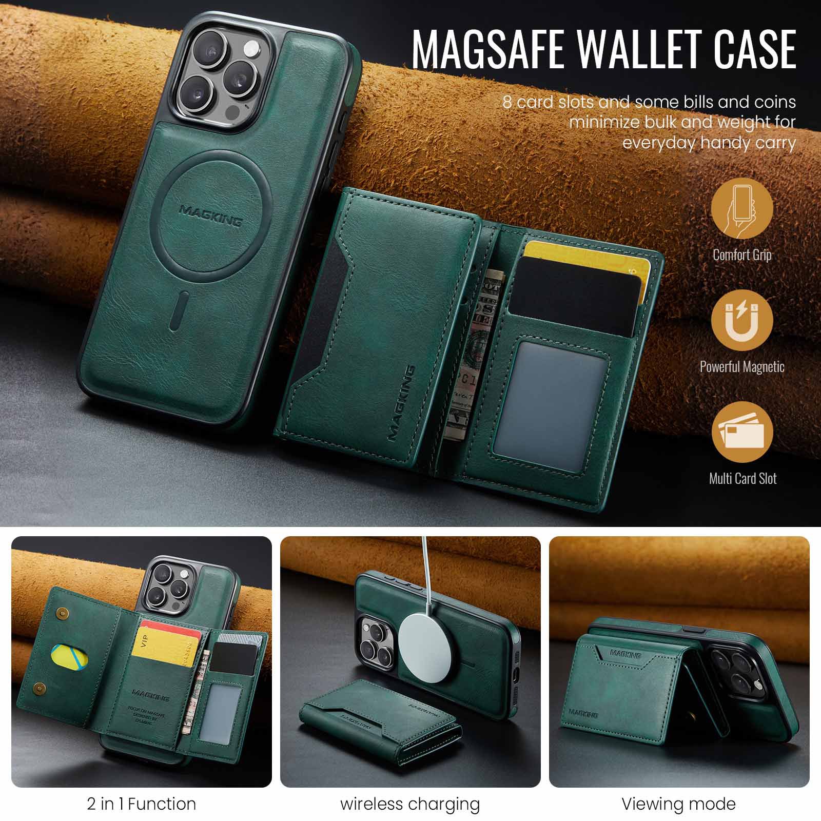 Green Premium MagSafe Wallet Case for iPhone 16 Pro Max - Detachable PU Leather Magnetic Card Holder โ image 3