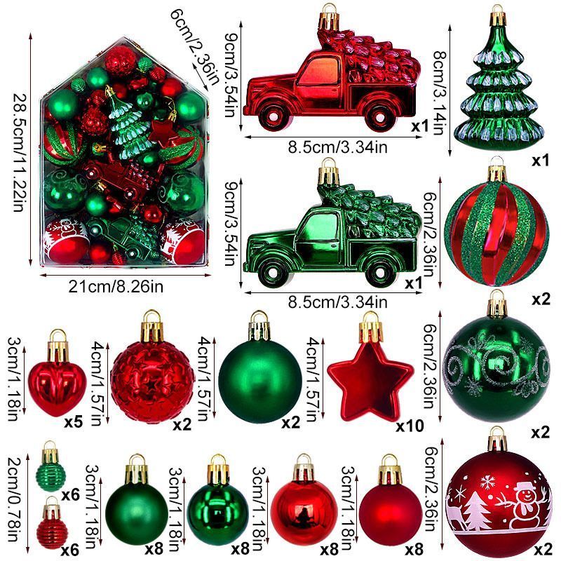 72 Count Mixed Xmas Hanging Decor Kit in House Outline Box, Irregular Painted Electroplated Balls with Doll and Sleigh Accessories, Red Green Tone Suitable for