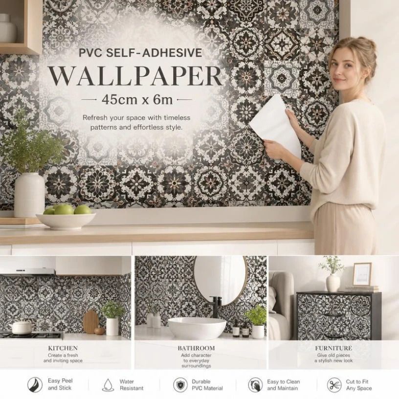Self Adhesive Vintage Wallpaper 0.45 × 6M, Retro Lattice Pattern, Classic House Decor
