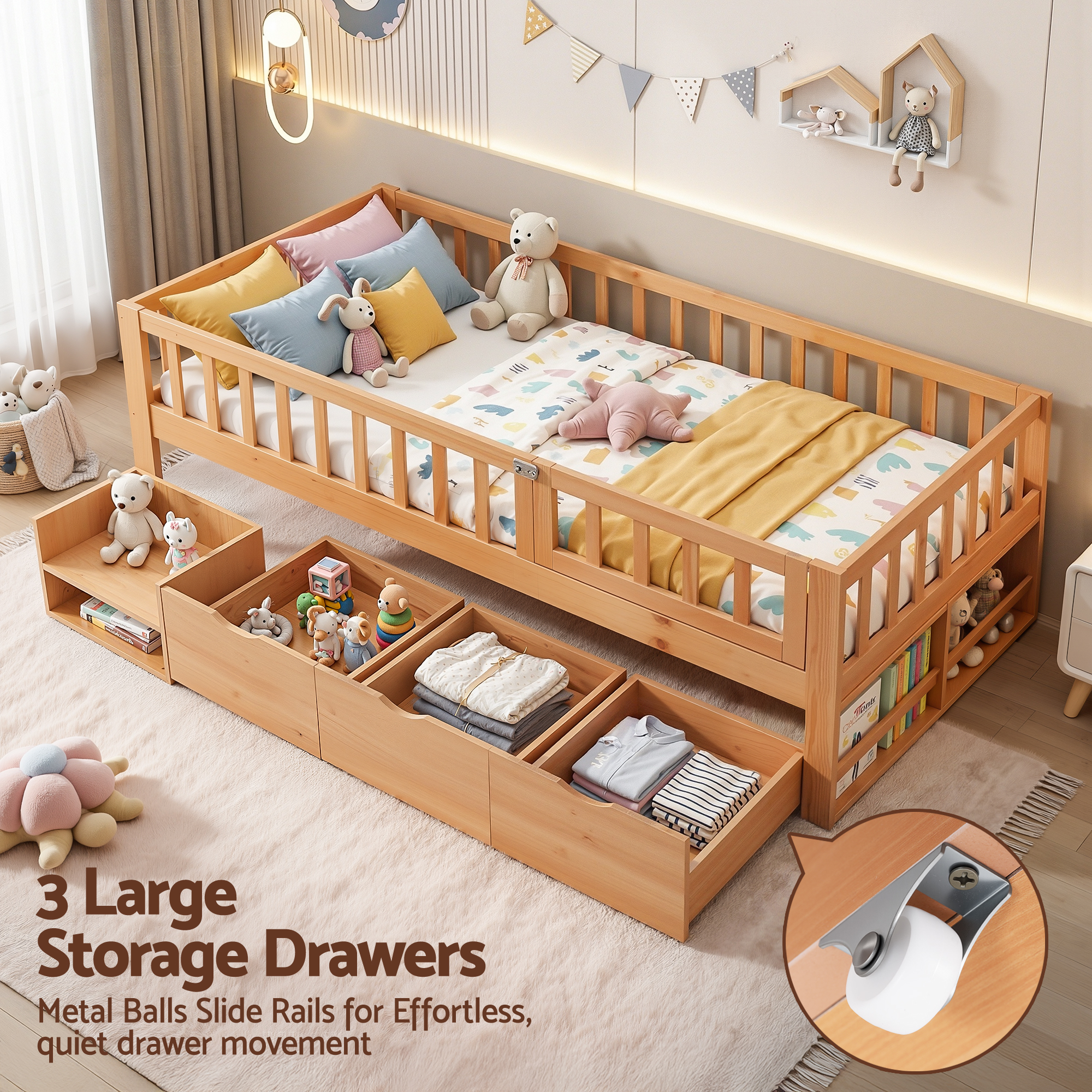 Artiss Kids Single Bed Frame with 3 Storage Drawer Montessori Bed for Toddler Natural โ image 5