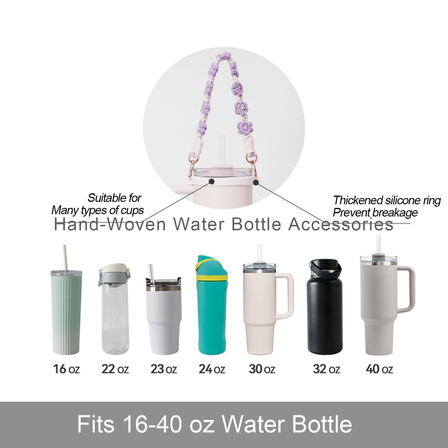 Hand-Woven Flower Water Bottle Strap with Silicone Ring 41cm/16.14 inch – Universal Cup Holder for 14oz, 30oz, and 40oz Stanley Tumblers, Adjustable Shoulder — image 3