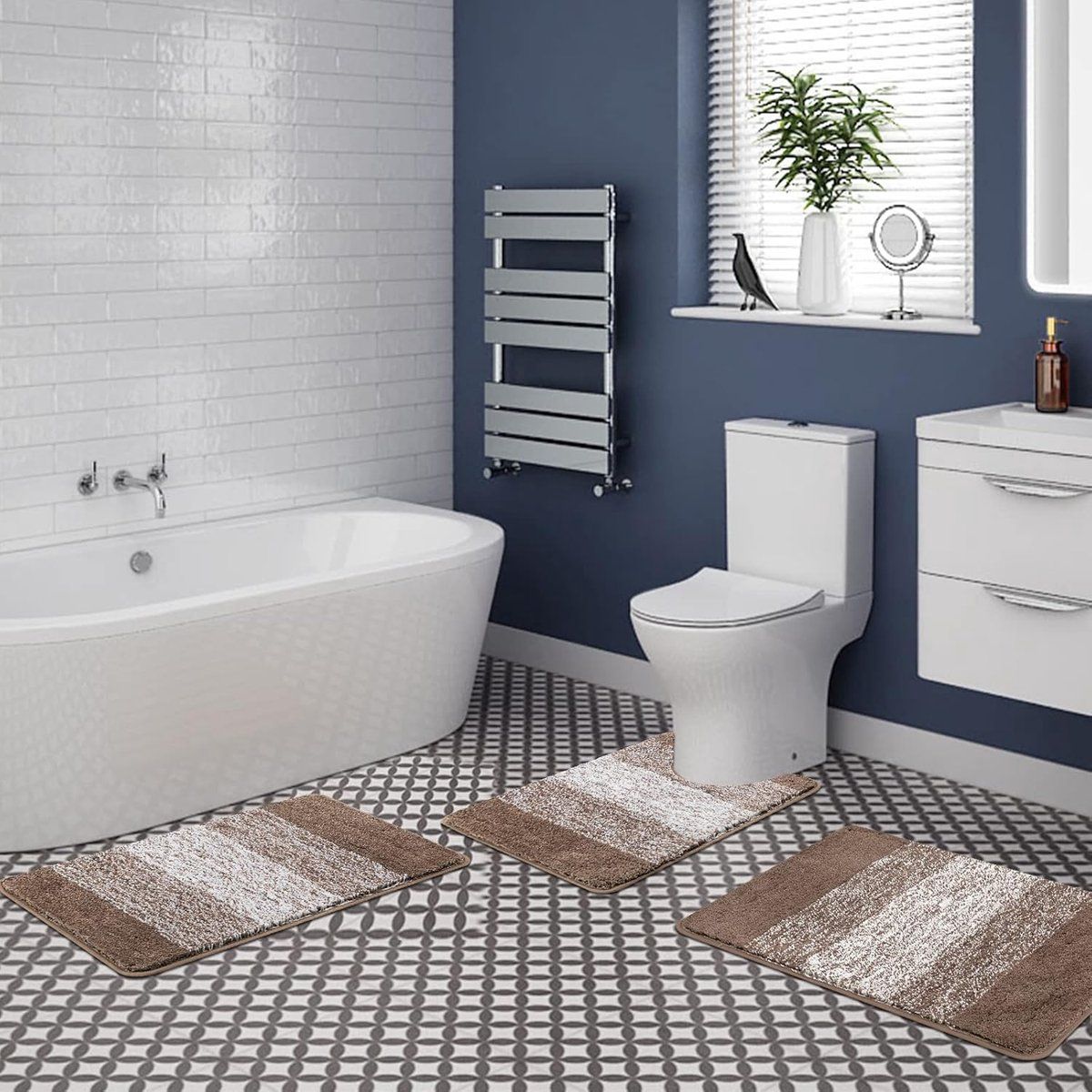 3-Piece Brown Striped Bath Mat Set, Non-Slip Washable Absorbent Bathroom Rugs — image 2