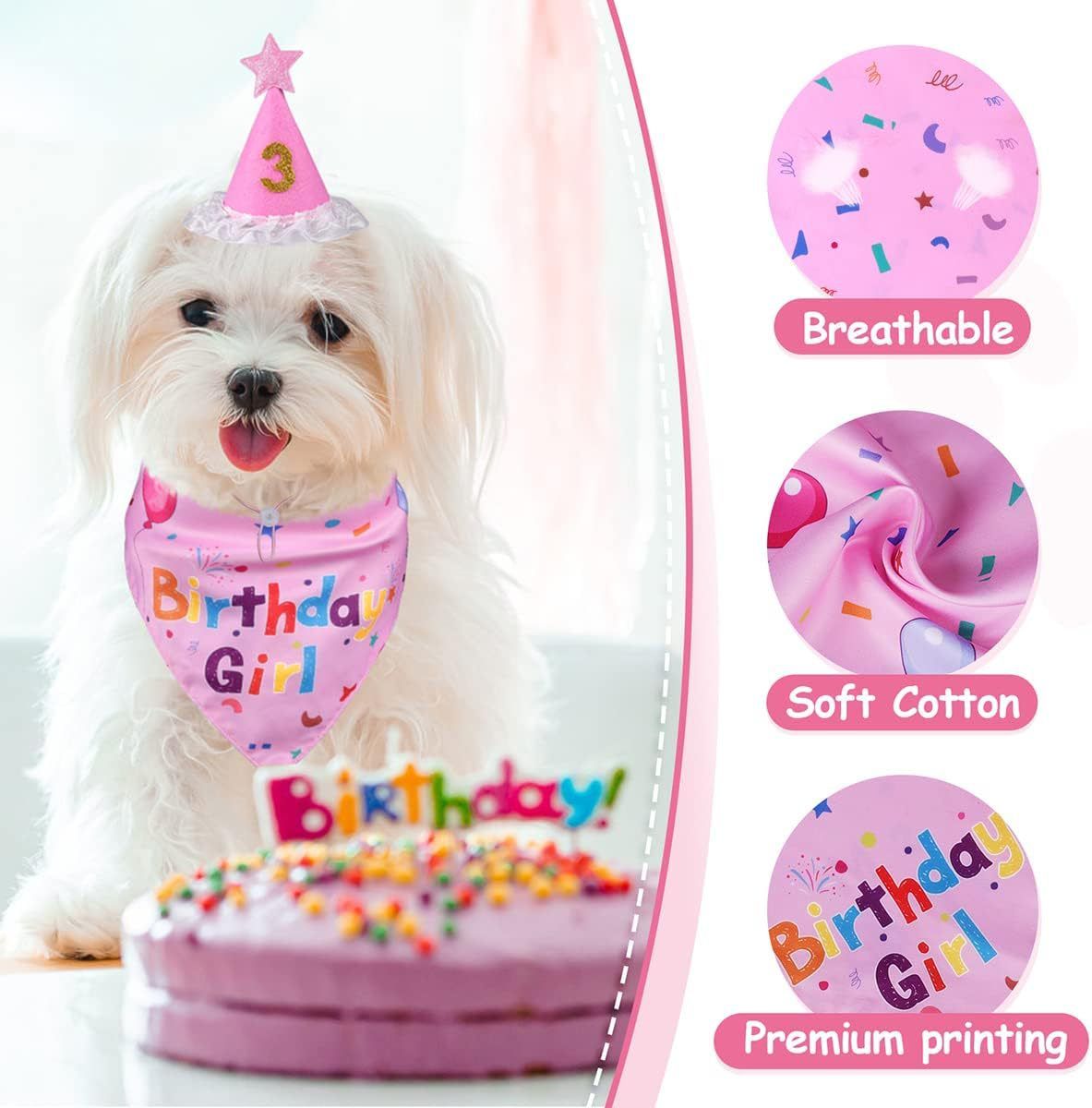 Pink Pet Birthday Bandana and Hat Set - Soft Cotton, Double-Sided Print, Adjustable Party Hat with Number - Cute Dog Birthday Accessories for Photo Props and — image 4
