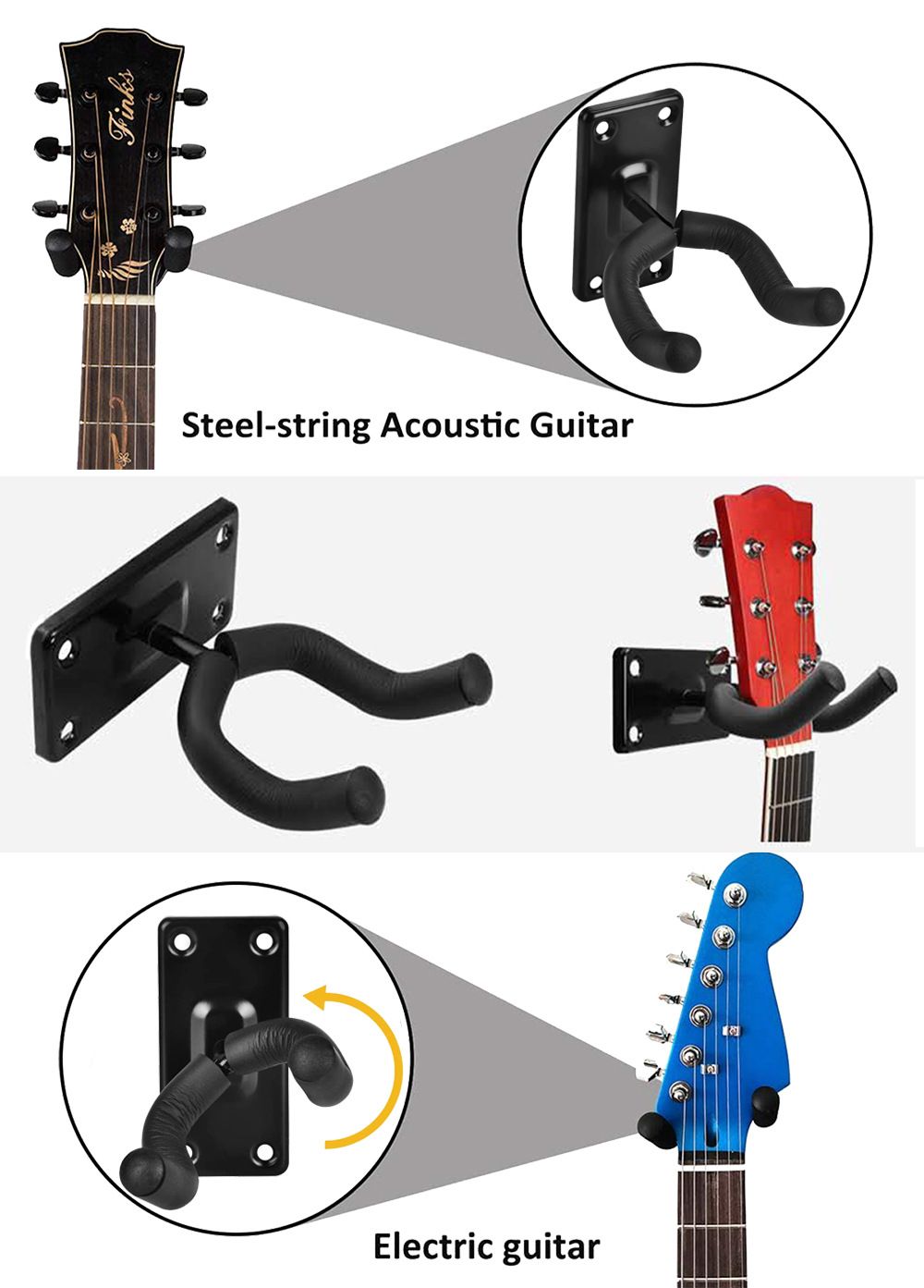 2 Pack Guitar Wall Mount Hangers for Electric Acoustic and Bass Guitars Ukulele the yoke can be adjusted up to 360 degrees — image 3