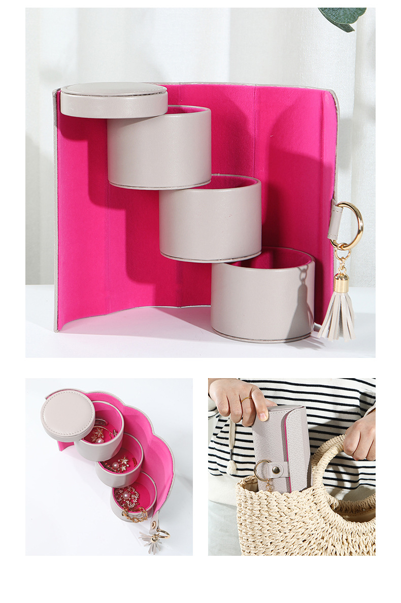 Beige and Pink Elegant 3-Tier Cylindrical Travel Jewellery Box - PU Leather Organizer for Rings Earrings Necklaces with Tassel Charm โ image 2
