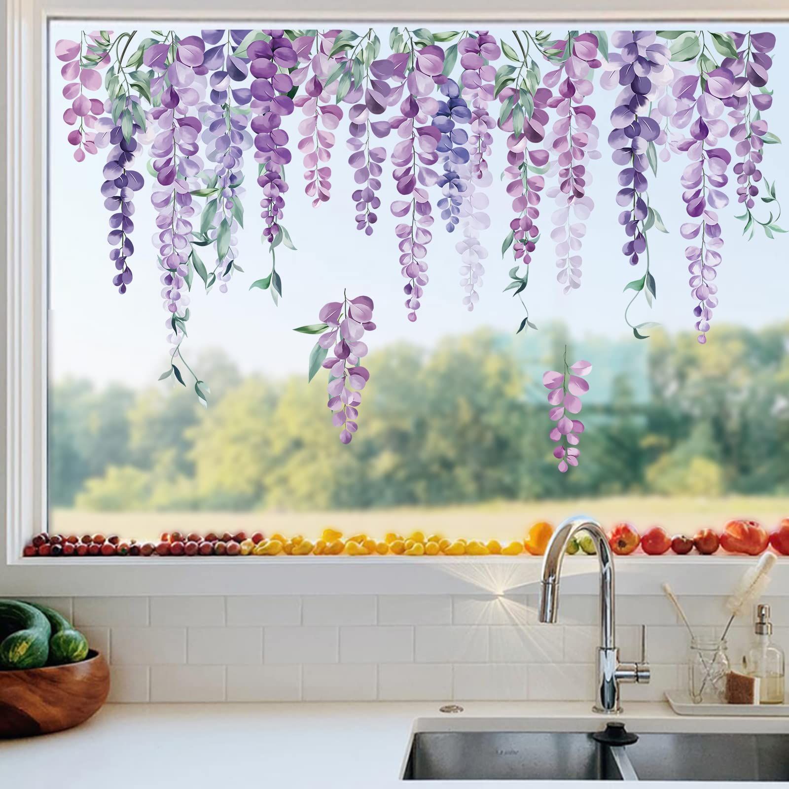 Purple Hanging Vine Double Sided Window Clings Wisteria Flower Leaf Window Decals Anti-Collision Glass Doors Window Stickers — image 3