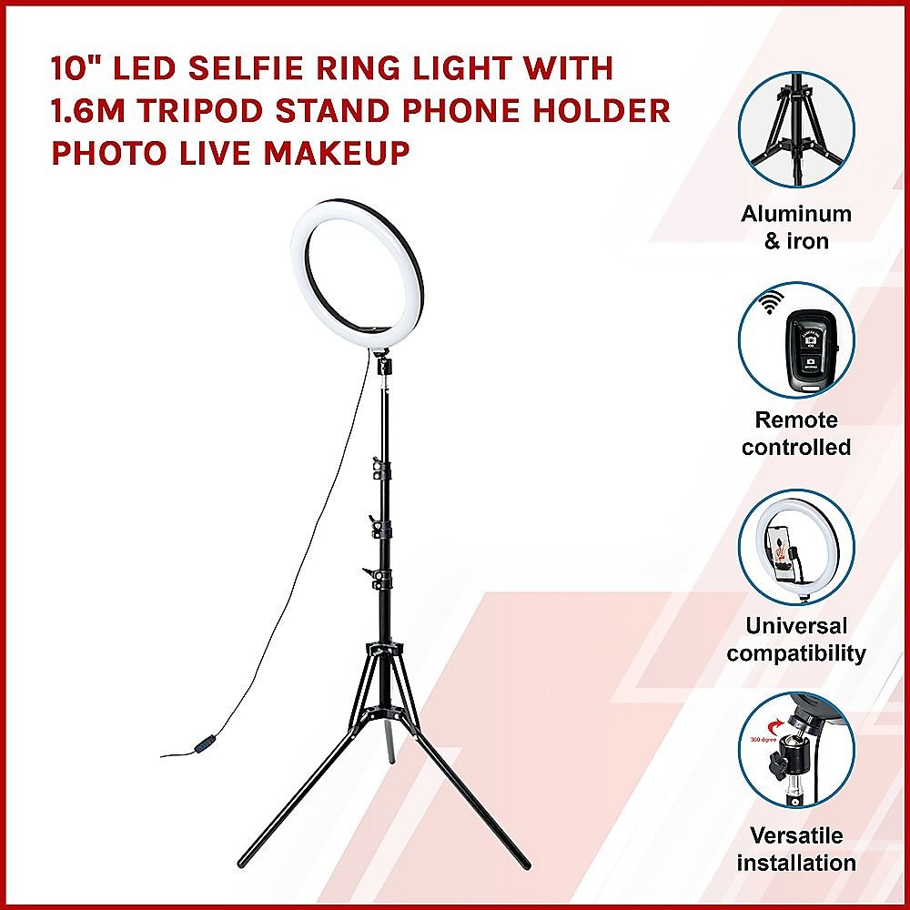 10" LED Selfie Ring Light with 1.6M Tripod Stand Phone Holder Photo Live Makeup — image 3