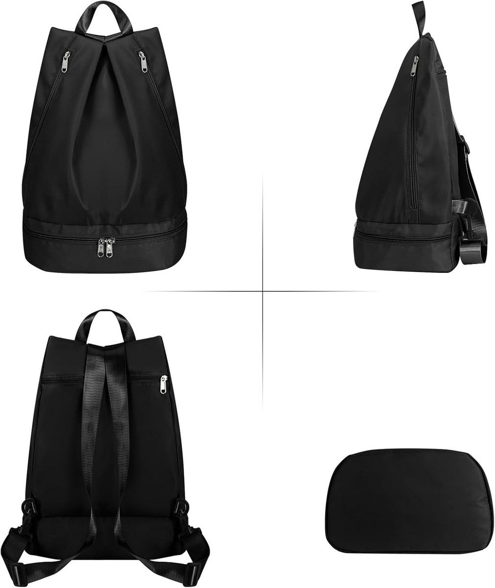 Women Swim Gym Backpack With Wet Dry Separation Shoe Compartment Foldable Nylon Sports Bag With Adjustable Straps, Black โ image 5