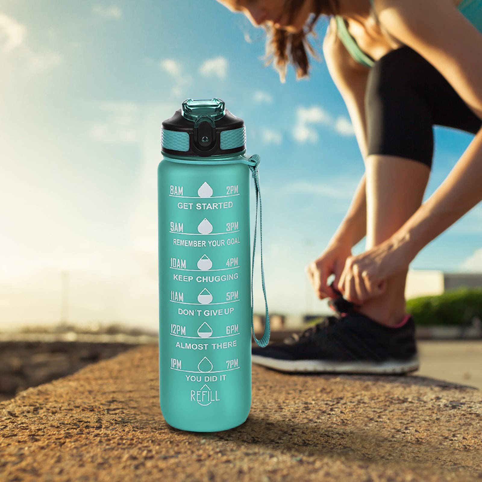 Motivational Water Bottle with Time Markings 1L Leak-proof Design Fitness Drinking Bottle with Straw Portable Sports Drink (Green) — image 5