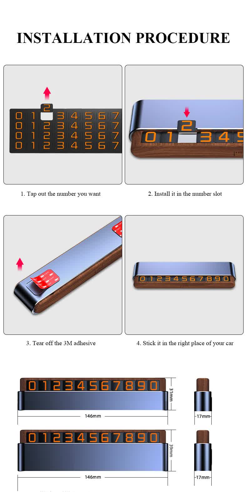 Gray Dual-Number Alloy and Wood Temporary Parking Card - Sliding Privacy Design, Includes 8 Number Sets — image 5