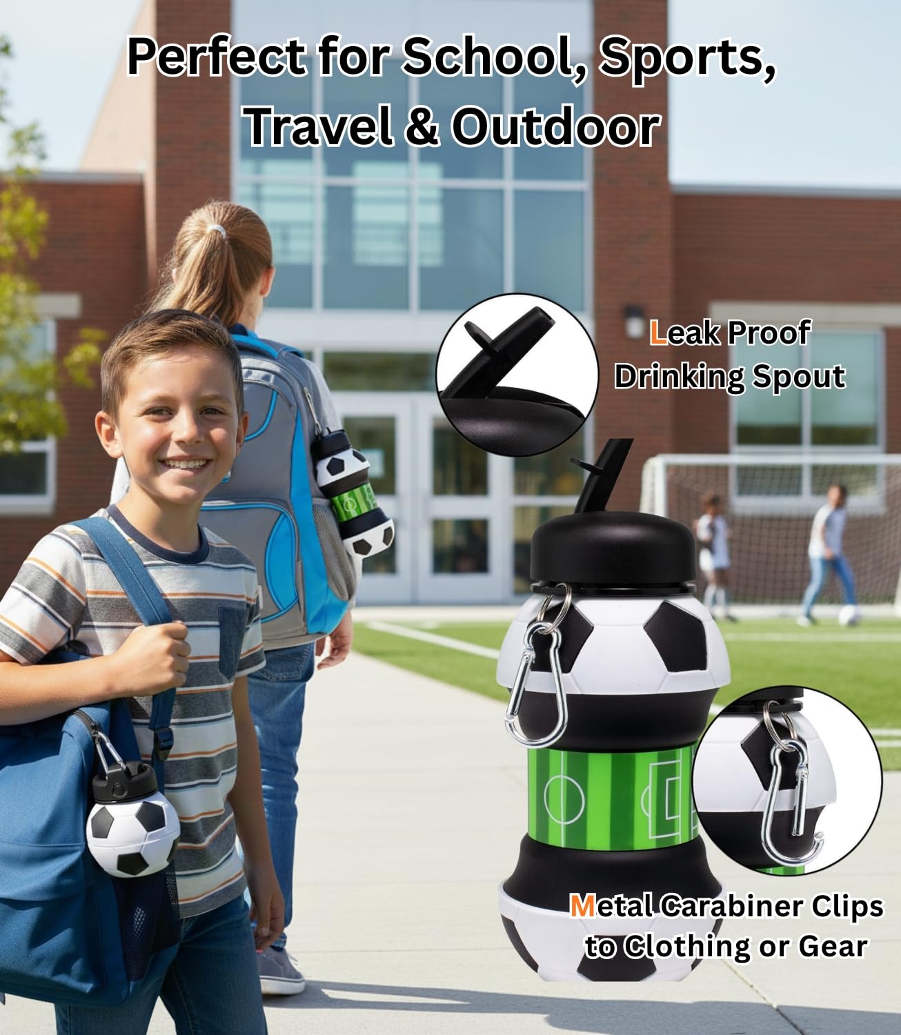 Foldable Soccer Water Bottle for Kids – 18oz Expandable Silicone Hydration Flask with Leak-Proof Spout & Carabiner Clip, BPA-Free, Ideal for School, Sports — image 3