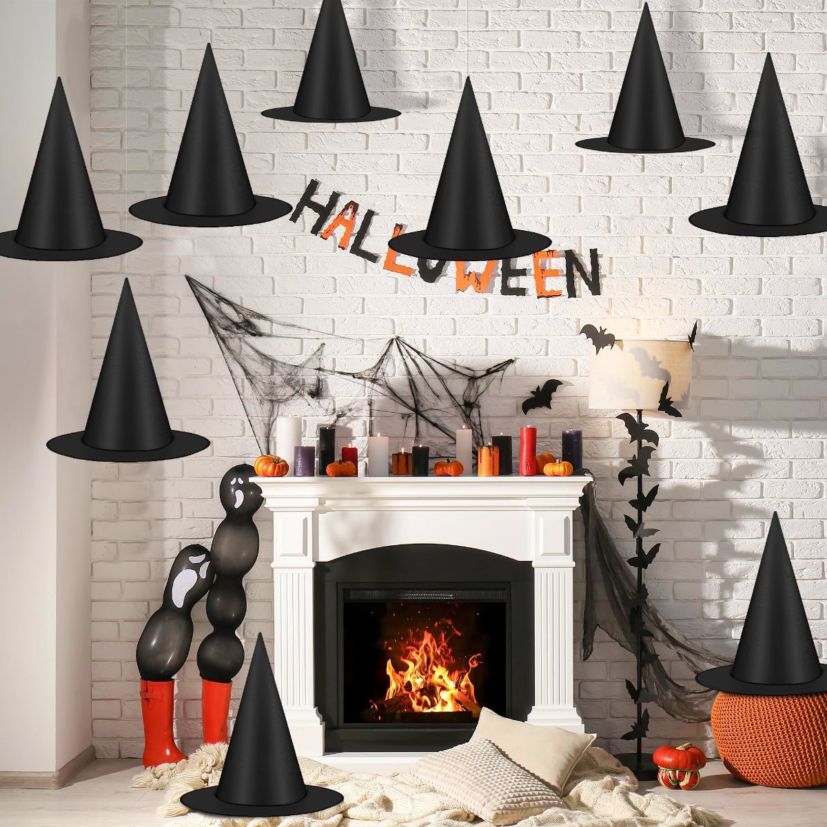 36 PCS Halloween Witch Hats, Black Hanging Witch Hats Porch Yard Decor | Witch Costume Accessories Witches Hat with 328 FT Nylon Cord Wizard Hats Indoor — image 6