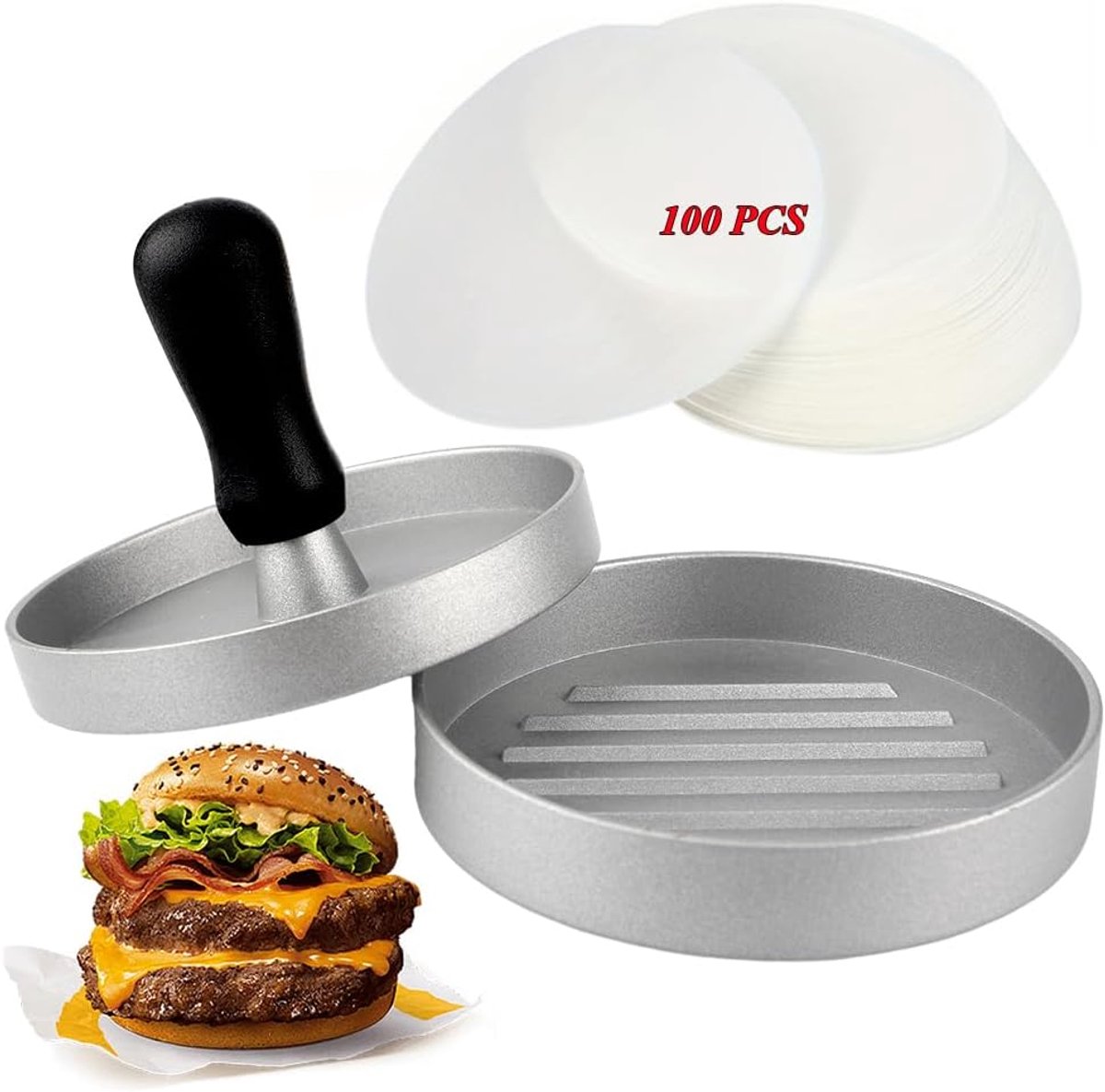 Hamburger press - with 100 non-stick sheets - 12 × 7.5 cm - Burger Press - Burger makers - non-stick meat burger maker - Hamburger mold - Meat press