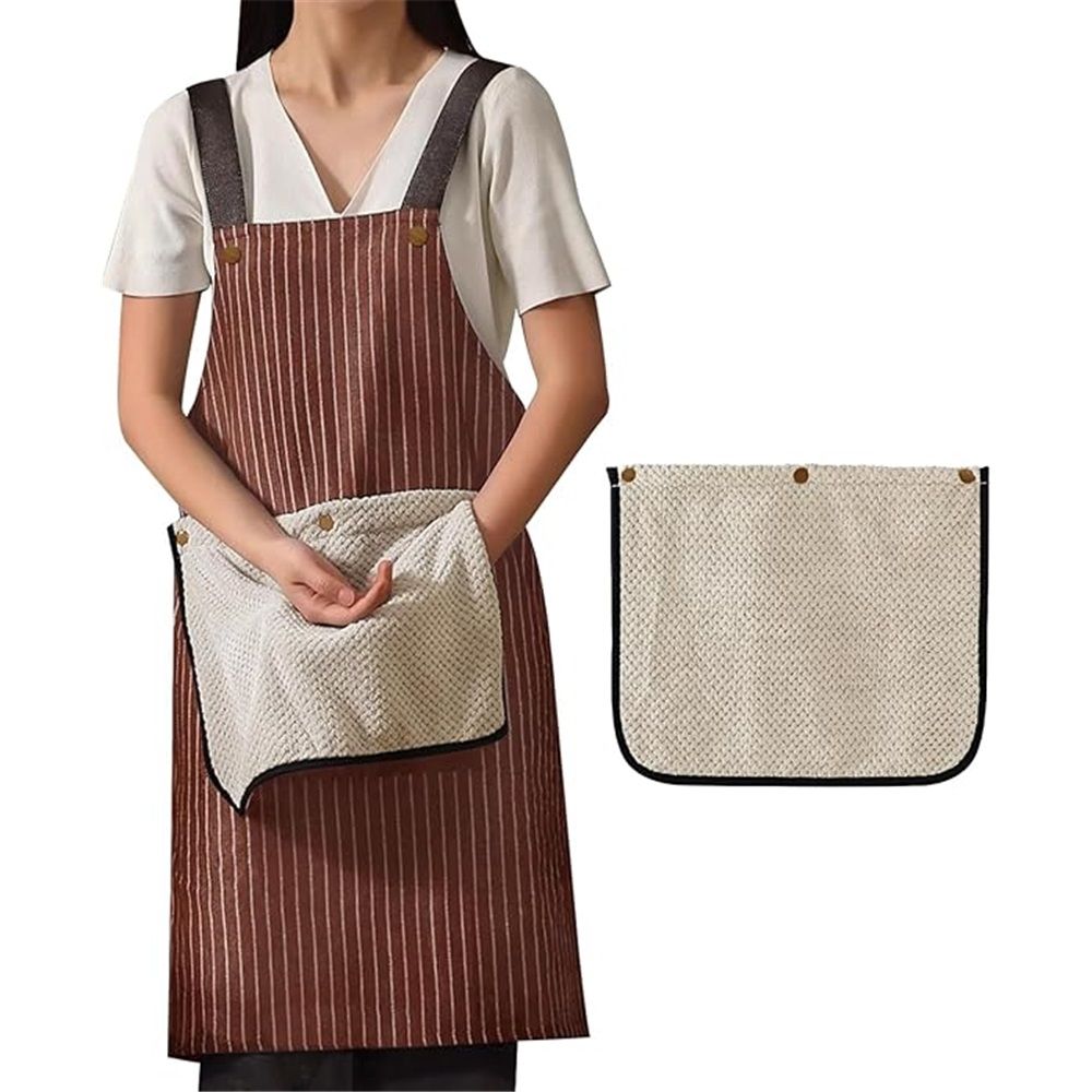 Apron for Women with Pocket, Cross Back No Tie Pinafore No Tie for Kitchen Garden Cooking with Hand Wipe (brown) — image 3