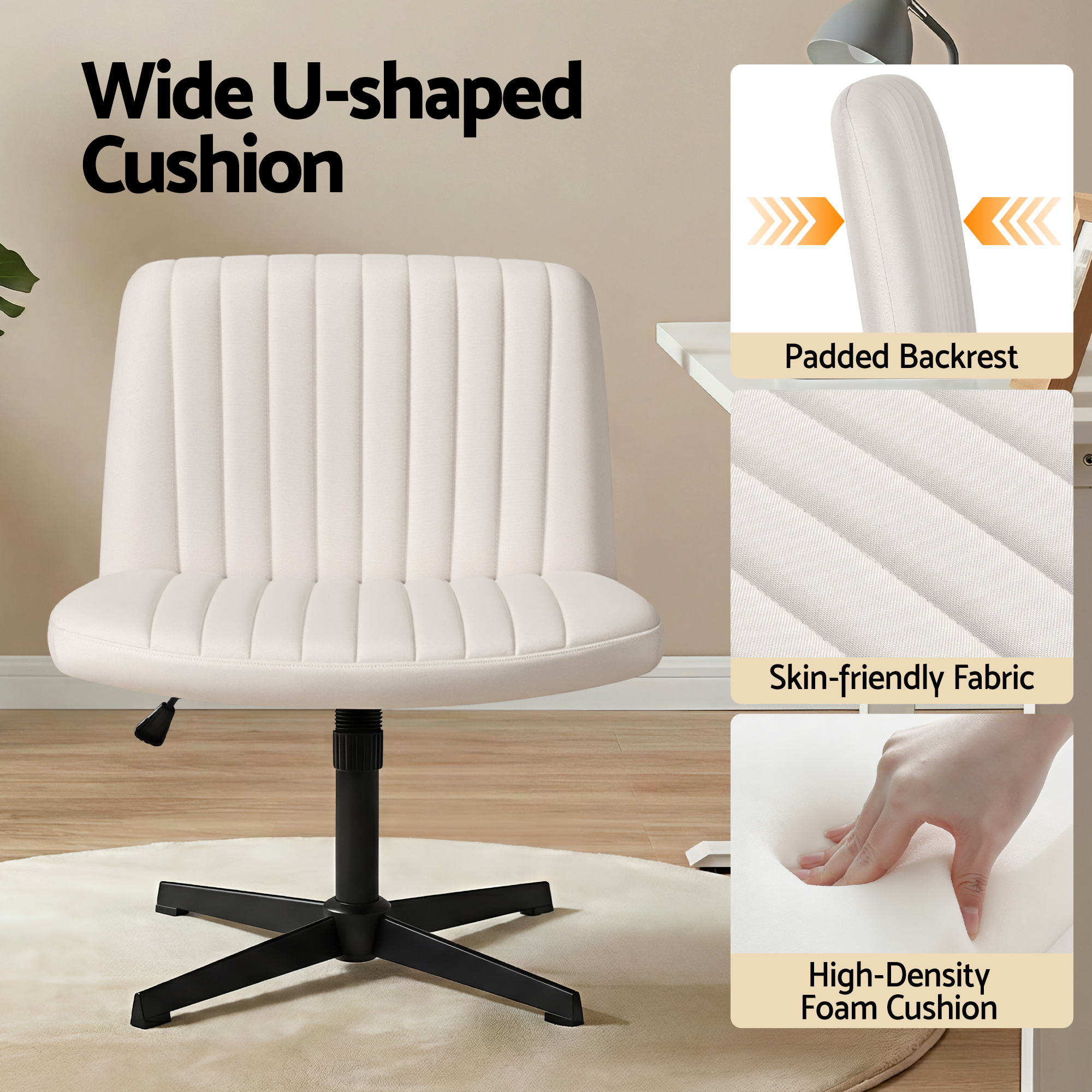 Artiss Criss Cross Chair No Wheels Fabric Wide Cross Legged Office Desk Vanity Chair Armless, Height Adjustable, Swivel Home Office Chair for Home — image 4