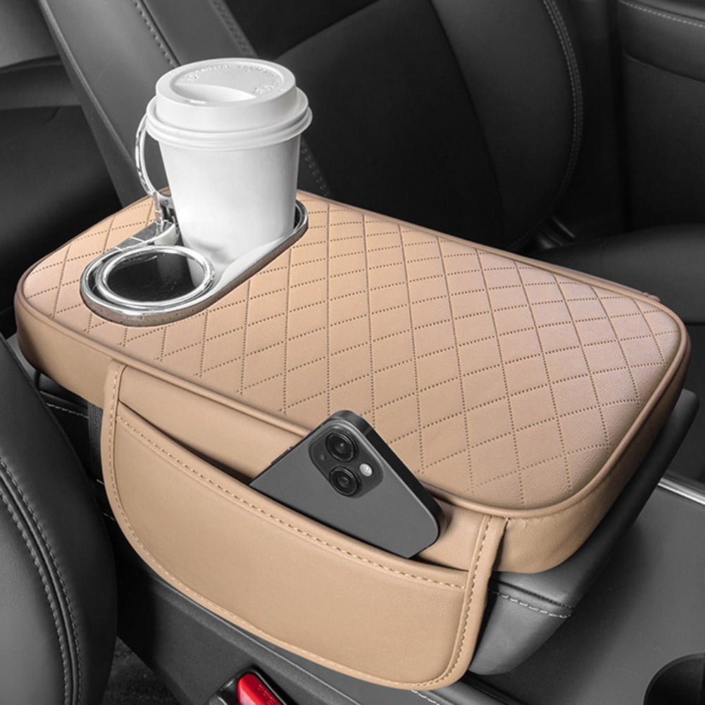 Car Armrest Cushion With 2 Cup Holder And Side Pocket Pu Leather Beige — image 2