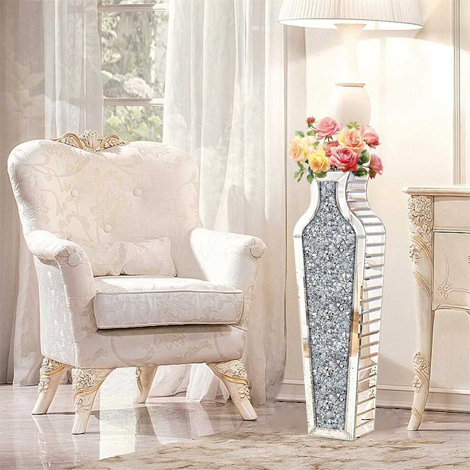 Sparkling Crushed Diamond Mirrored Floor Vase Tall Silver Glass Fake Flower Vase — image 4