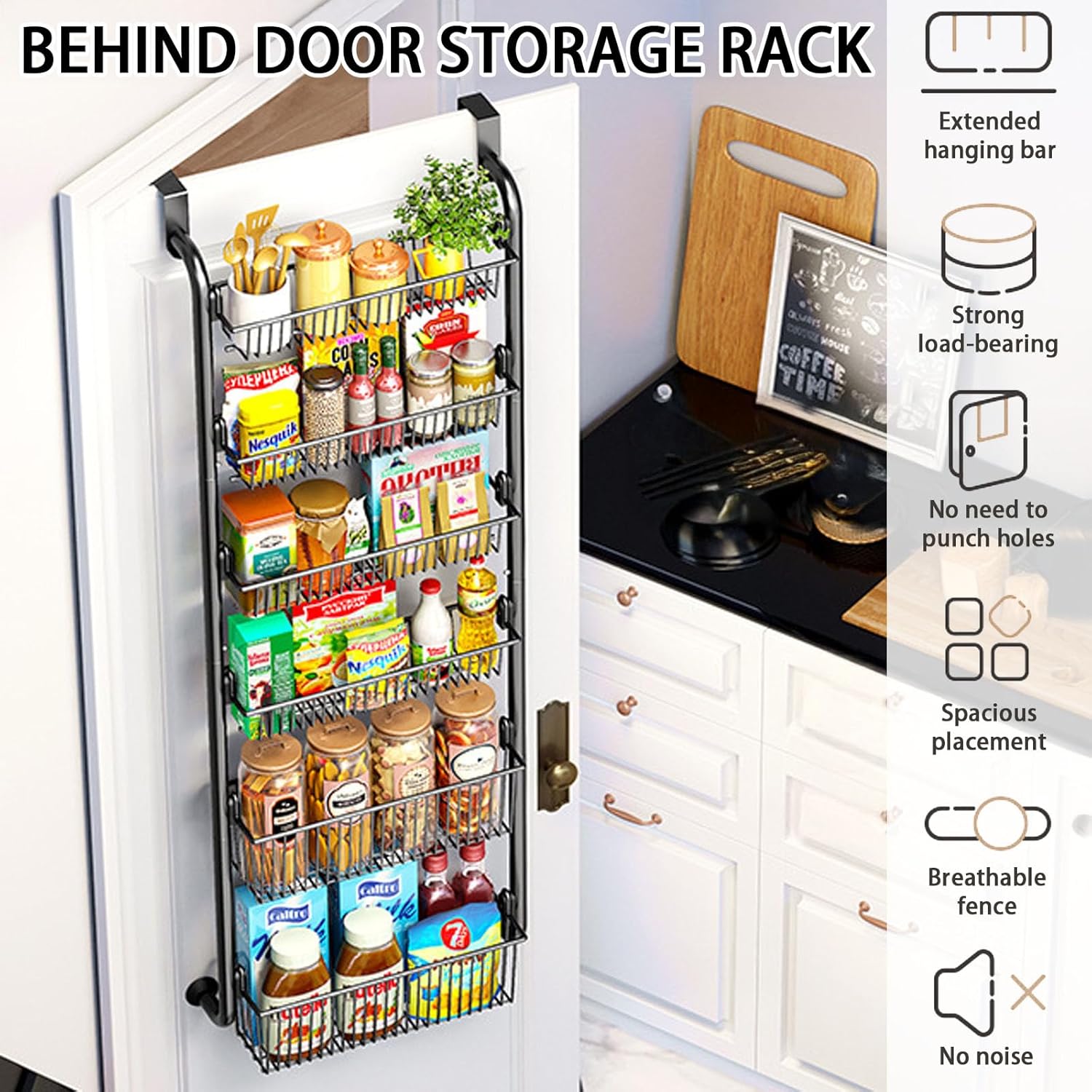 CARLA HOME 6-Tier Over the Door Organizer Heavy-Duty Metal Pantry Rack with Hanging Baskets for Home Kitchen Storage & Bathroom Door Organization (Black) — image 3