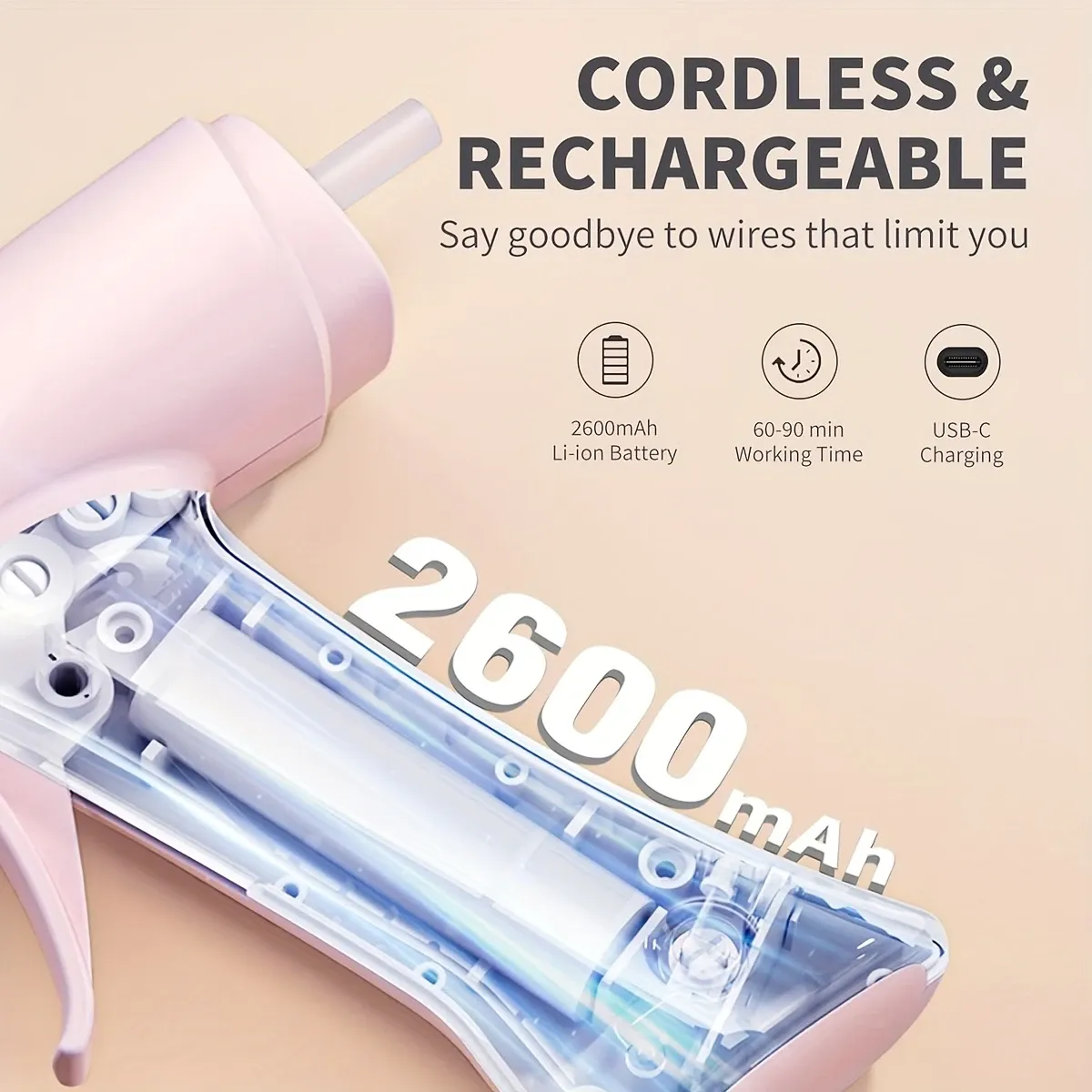 Cordless Rechargeable Hot Glue Gun – 2600mAh Battery, Voice Prompts, 3-Minute Fast Heat, Perfect Tool for Crafts & Repairs. (Pink) — image 3