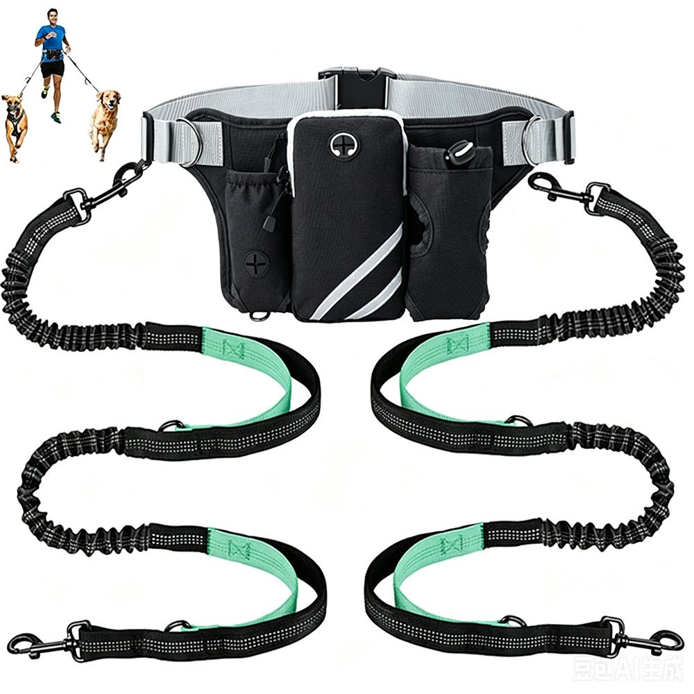 Hands Free Dog Leash Running Belt with Adjustable Bungee Lead(Mint green), Multi Pocket Outdoor Waist Bag and Free Roll of 15 Poop Bags for Walking, Jogging — image 2