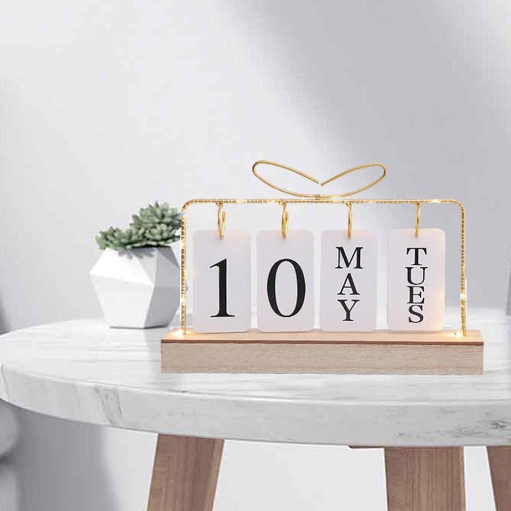 Generic Flip Calendar Month, Date and Day Nordic Wooden Base Metal Frame Delicate Reusable with Light Perpetual for Decor