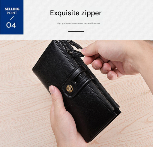 Black Men's Vintage PU Leather Long Wallet - High Capacity Dual Zipper Clutch with Phone & Card Slots — image 5