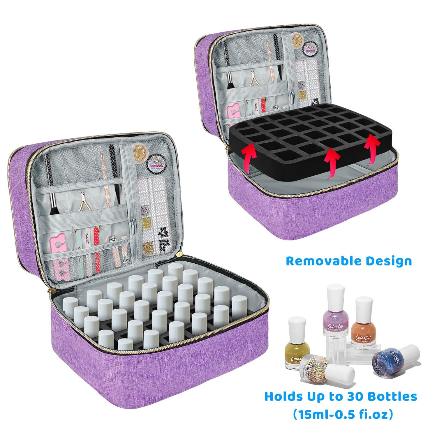Double Layer Nail Polish Organizer Case, Nail Bag Holds Nail Lamp & 30 Bottles Nail, Hard Partition & Detachable Shoulder Strap — image 3