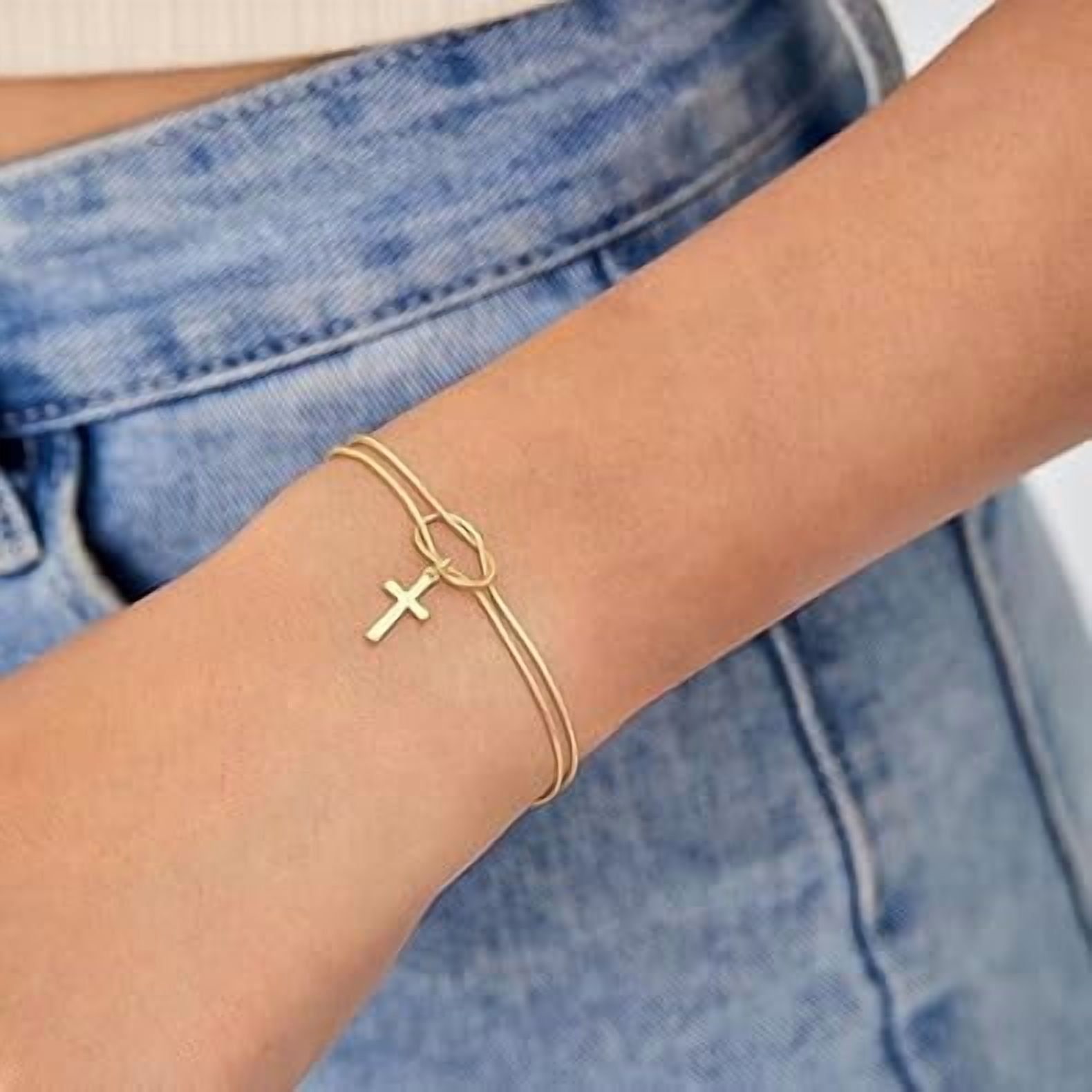 Cross Bracelet for Women, Dainty 14K Gold Plated or Silver Plated Pearl Knot Chain Religious Charm Jewelry — image 4