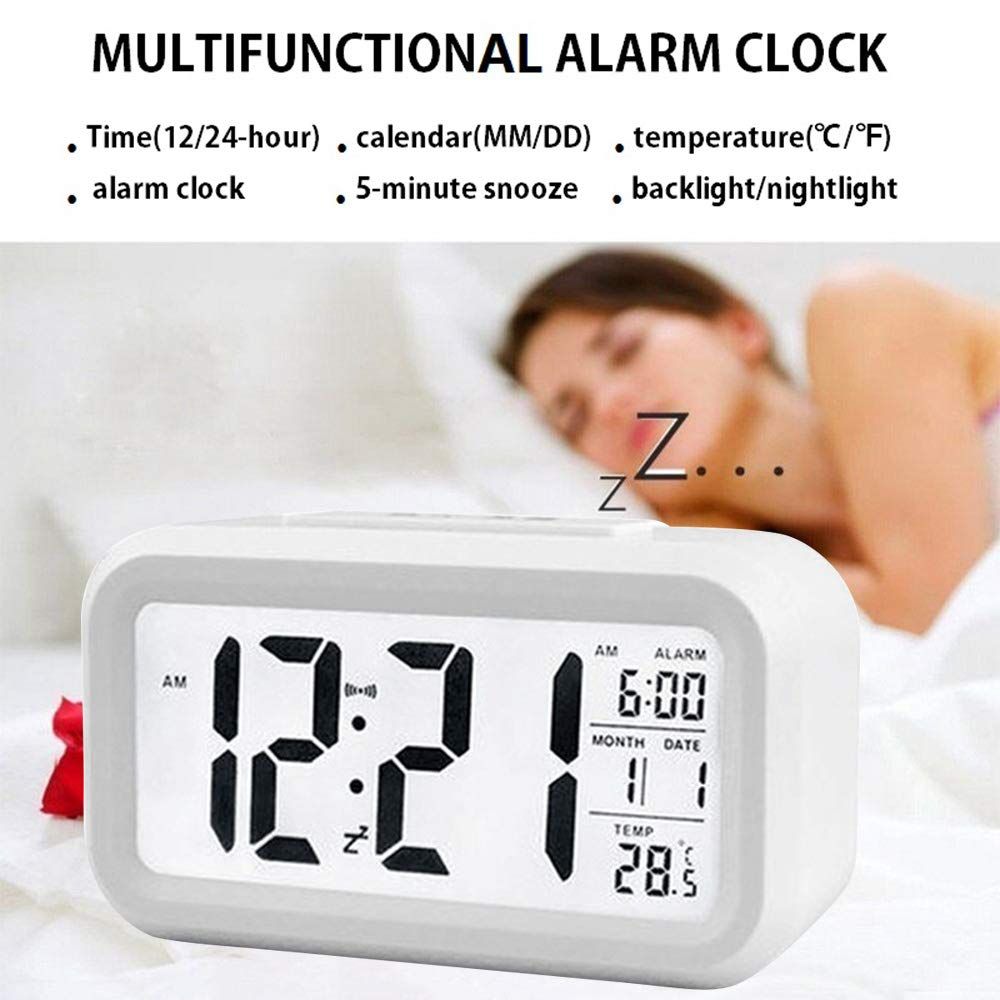 Upgraded Digital Alarm Clock, Display with Temperature Larger Lound Light Control Portable Snooze Calendar Brightness(White) — image 3