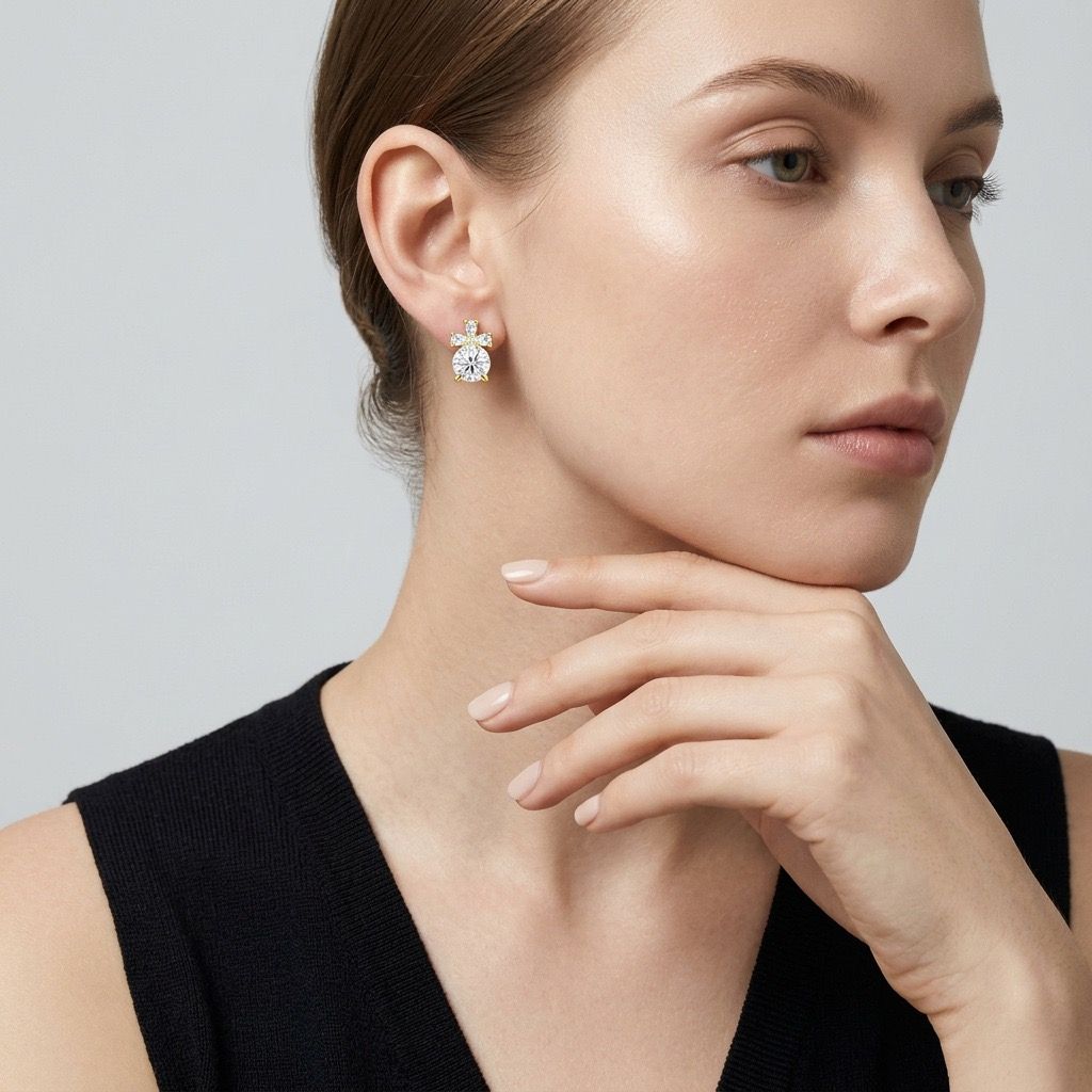 Elegant S925 Silver Plated Gold Moissanite Stud Earrings with Cross Design, Eight Hearts Eight Arrows Cut, Hypoallergenic and Tarnish-Resistant for — image 6