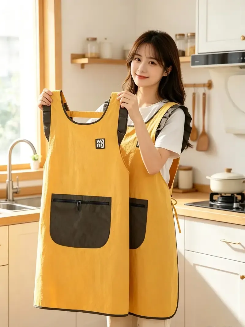 Fashion Waterproof Apron with Ruffled Sleeves, Zippered Large Pocket & Back Tie, Waterproof & Breathable Non-Stuffy