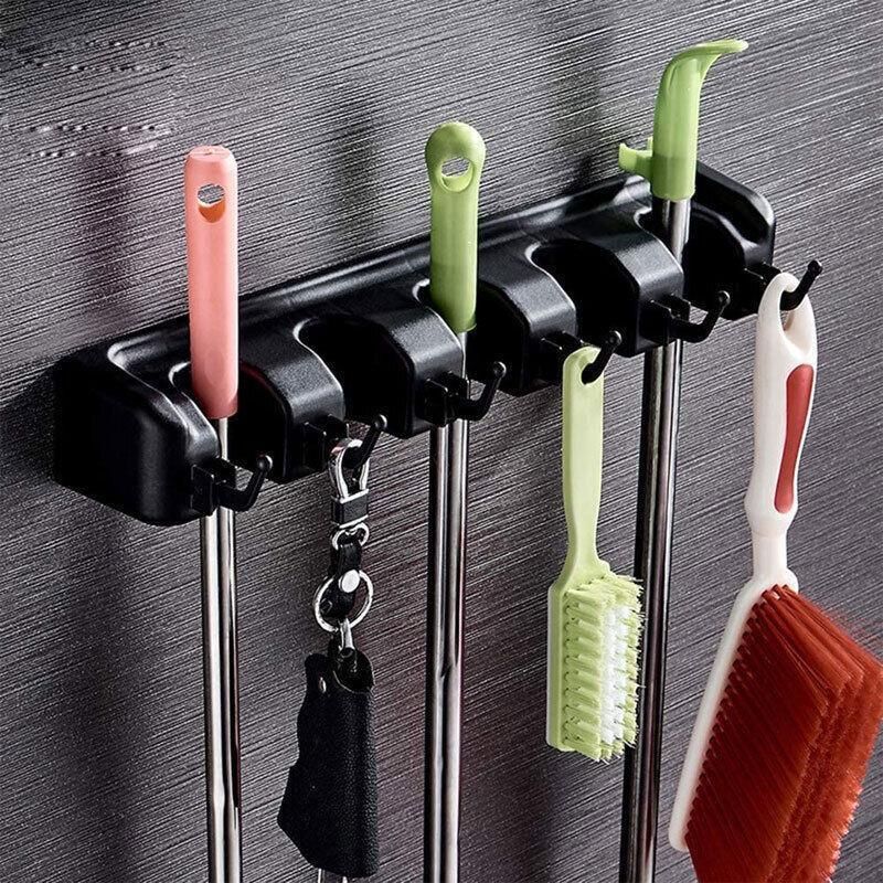 Broom Hanger Mop Holder Wall Mounted Brush Storage Rack Organizer Kitchen Tool - Black โ image 3