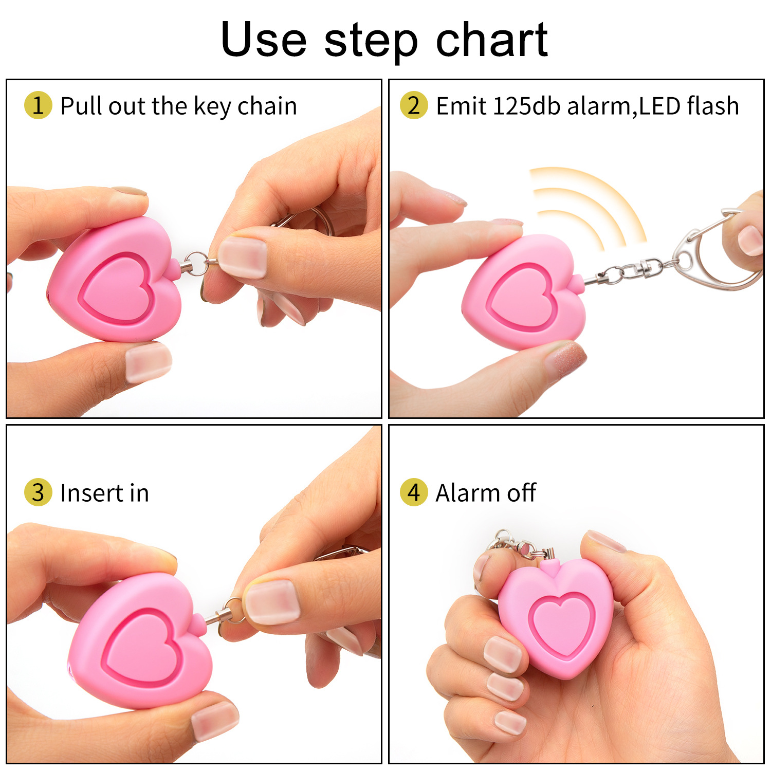 Personal alarm - 125dB - Heart-shaped - Protection device - with light - Keychain - for girls, women, children, the elderly, walking, traveling, parking, at — image 2