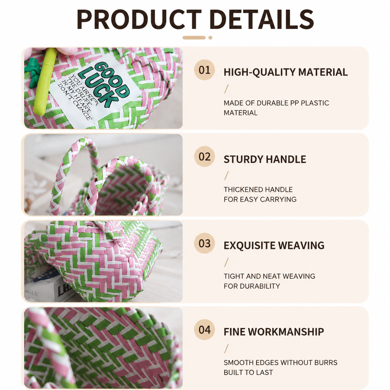 Handwoven Fresh PP Tote Bag with Upright Square Structure & Flower Deco, Durable Mini Spring Picnic Basket and Favour Handbag 16x16x9cm, Pink Yellow โ image 2