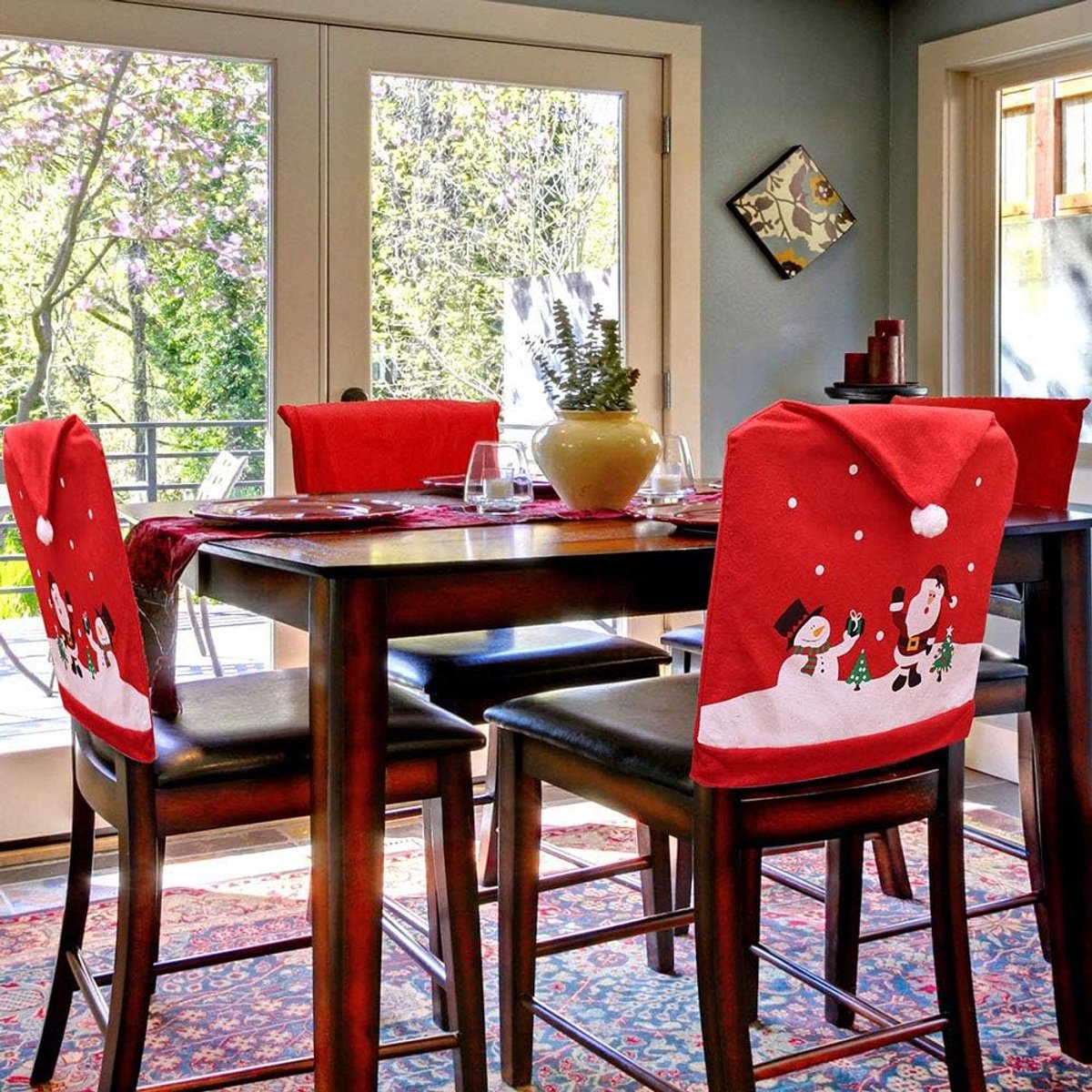 Chair Covers (4 Pieces) - Dining Chair Cover - Sofa Cover - Chair Covers - Christmas Chair Covers - Santa Claus and Snowman Red Hat Christmas Chair Back Cover — image 4