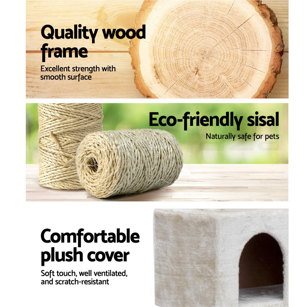 i.Pet Cat Tree 134cm Tower Scratching Post Scratcher Wood Condo House Bed Beige โ image 4