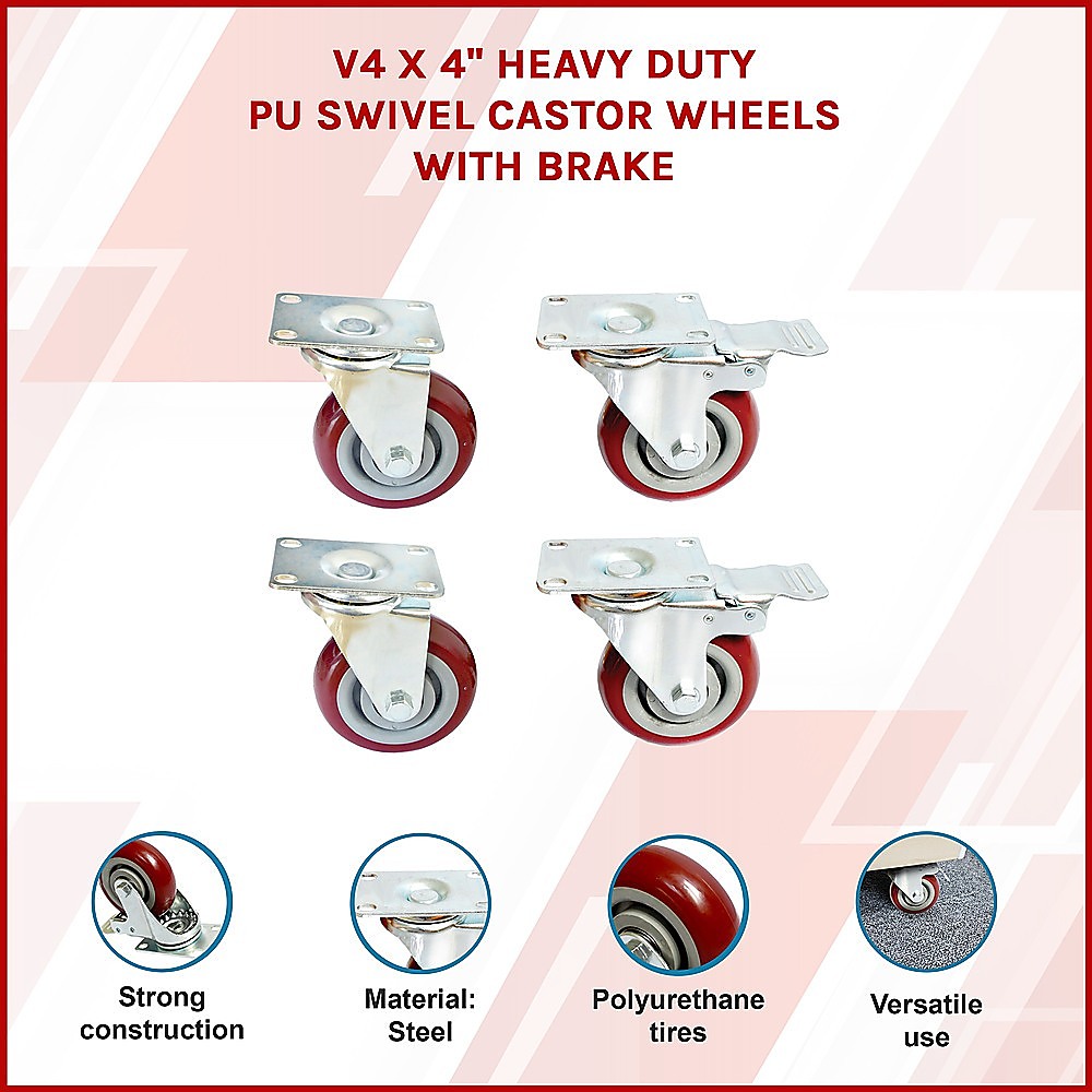 4 x 4" Heavy Duty PU Swivel Castor Wheels With Brake โ image 3