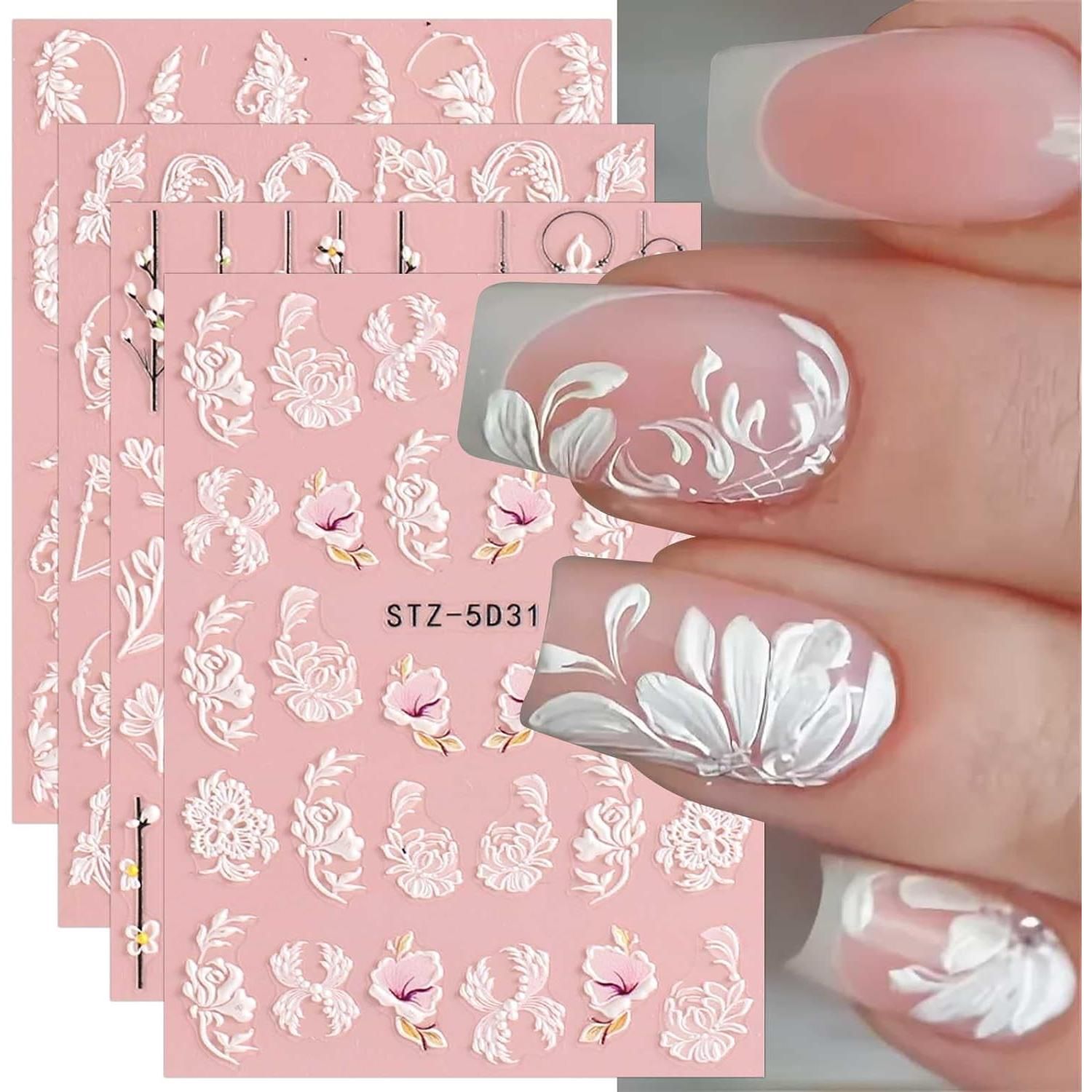 3D Flower Nail Stickers, 4 Sheets, Nail Art Decals, Self-Adhesive Nail Accessories, Charming Valentine's Day Nail Decor