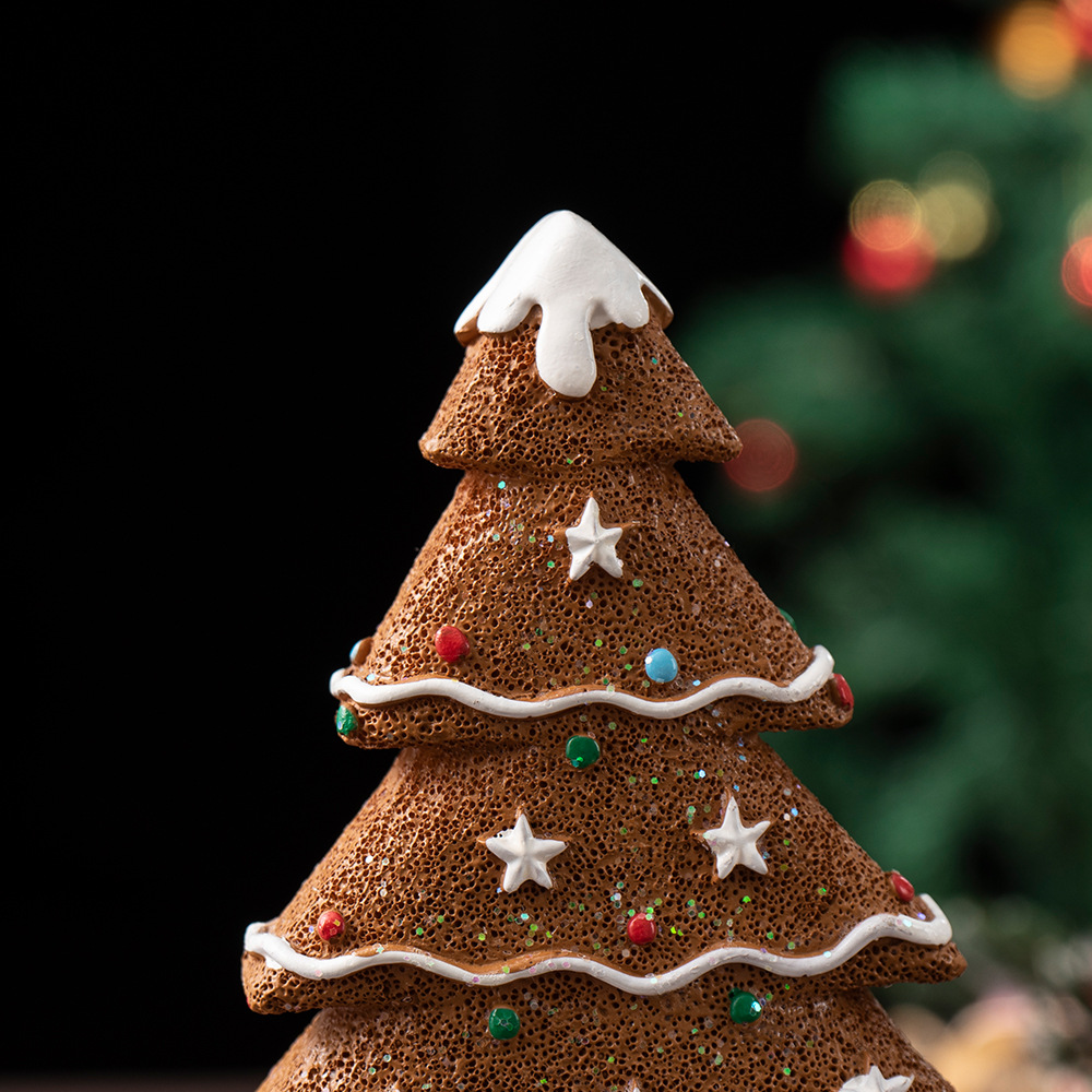 2 Pcs (1 Yellow + 1 Brown) Charming Gingerbread Christmas Tree Figurine - Festive Resin Holiday Table Decor Ornament — image 5