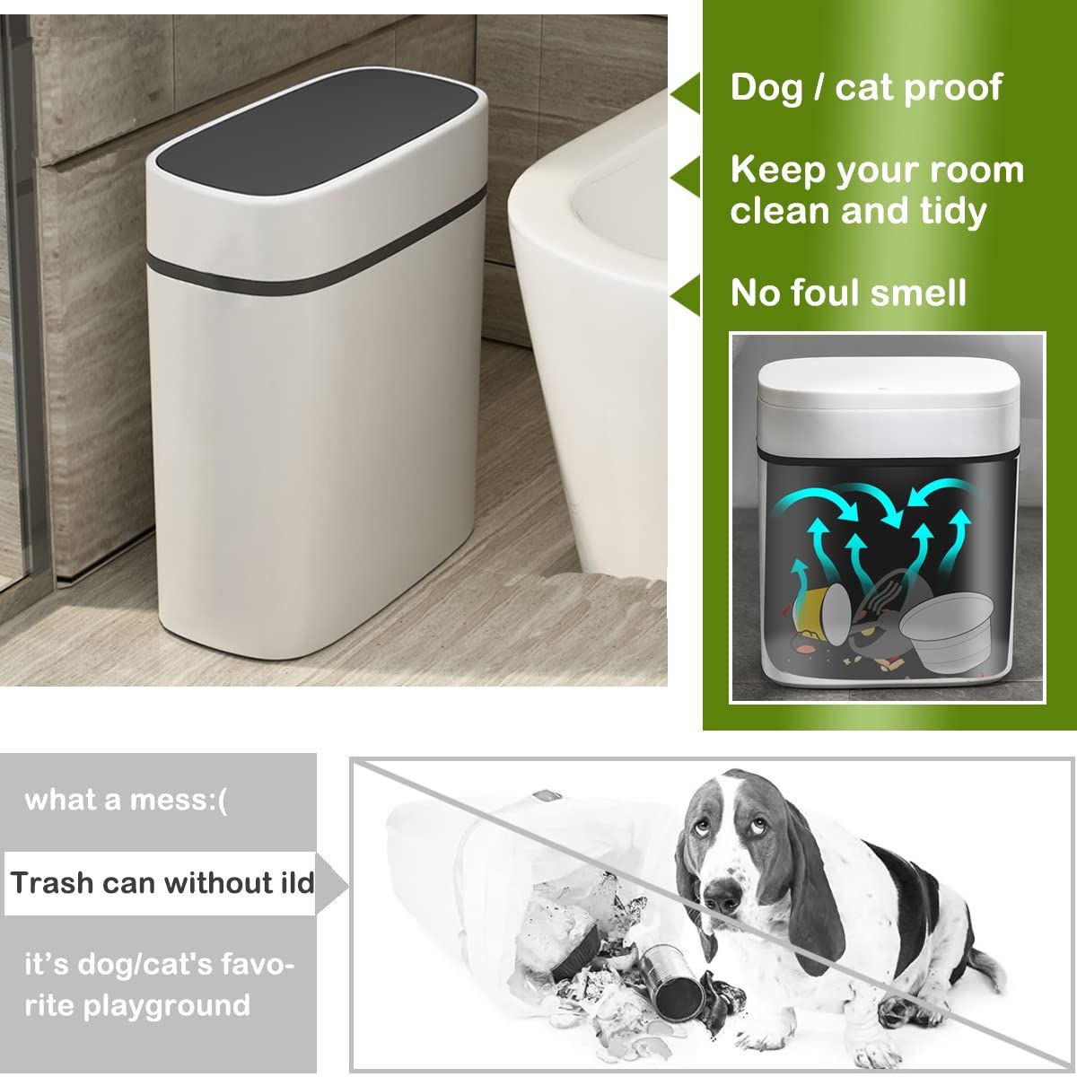 Plastic Trash Can with Lid,14 L/3.7 Gallon Garbage Can,Modern Grey Waste Basket Thin Trash Cans for Bathroom,Living Room — image 3