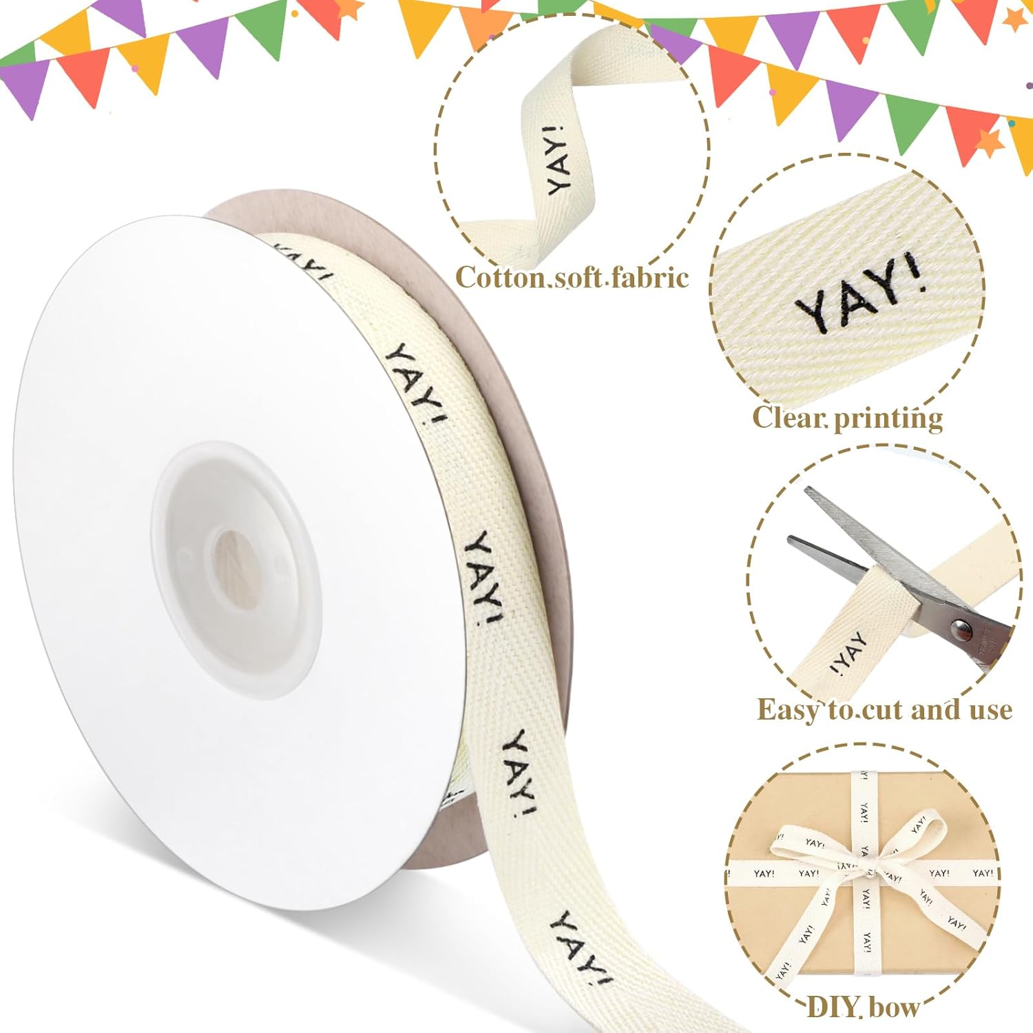20 Yards Yay Cotton Ribbon, Natural 5/8 Inch 100% Herringbone Twill Ribbon for Crafts Gift Wrapping Birthday Decorations, 2 Rolls โ image 3